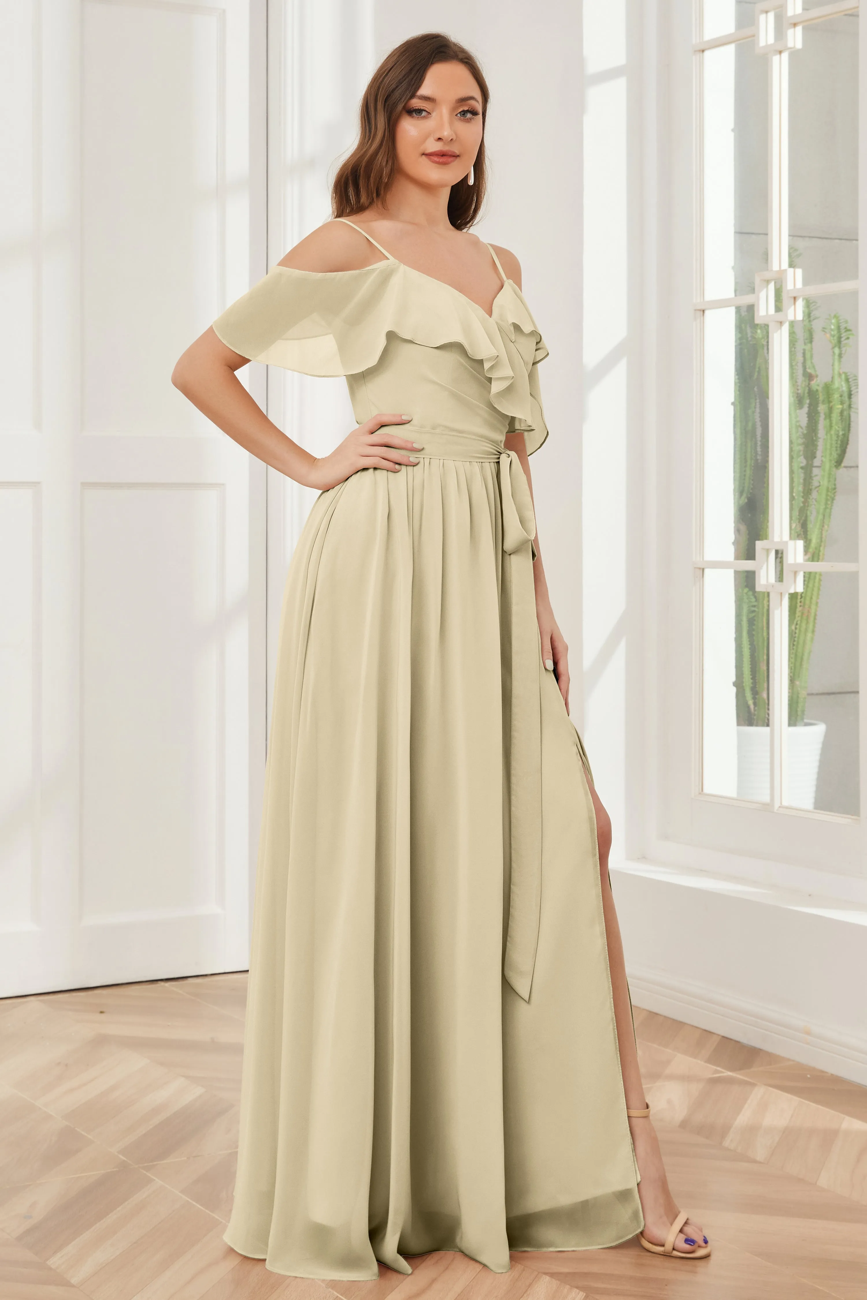 Off the Shoulder Ruffles Chiffon Bridesmaid Dresses with Slit