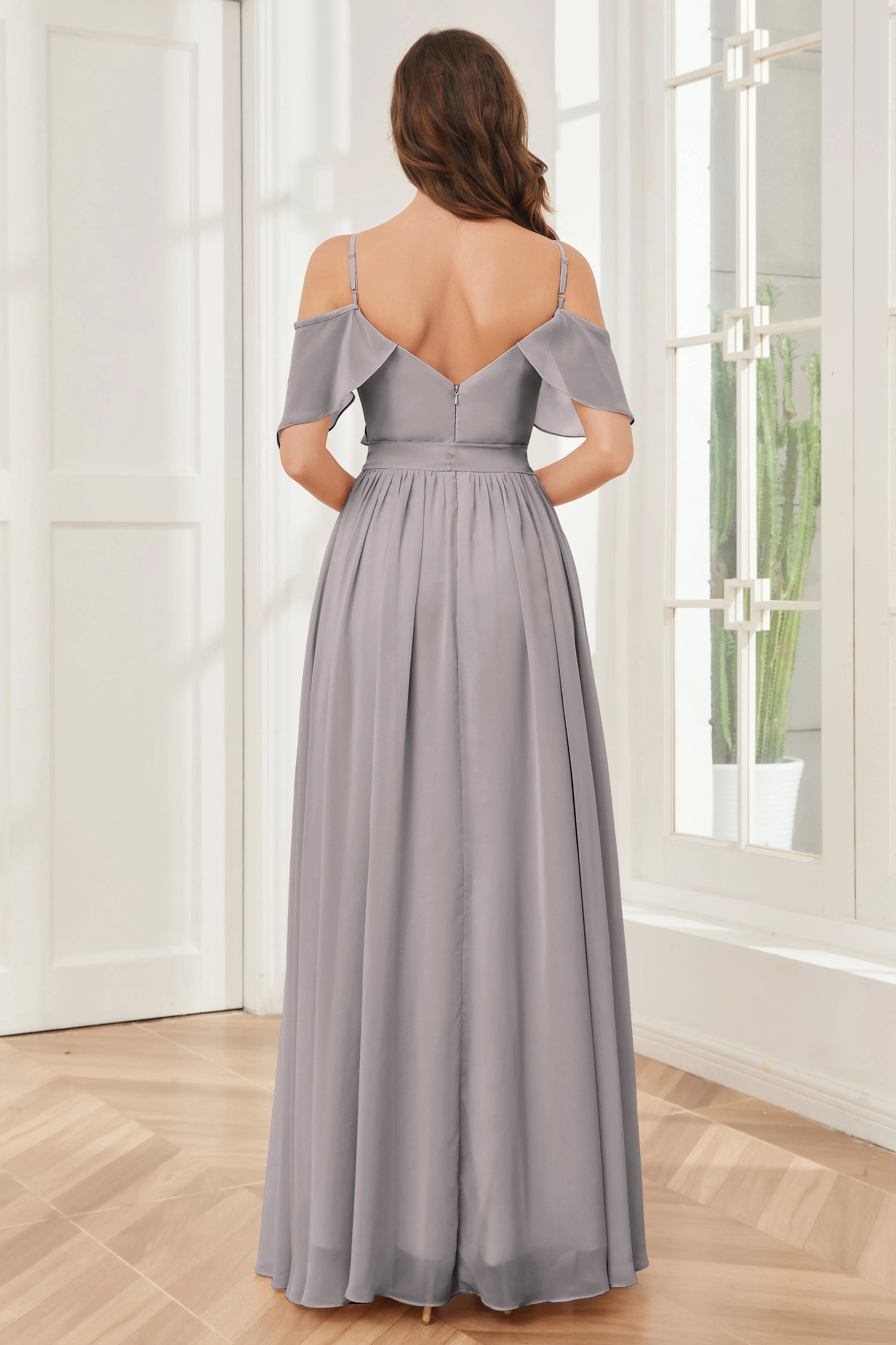 Off the Shoulder Ruffles Chiffon Bridesmaid Dresses with Slit