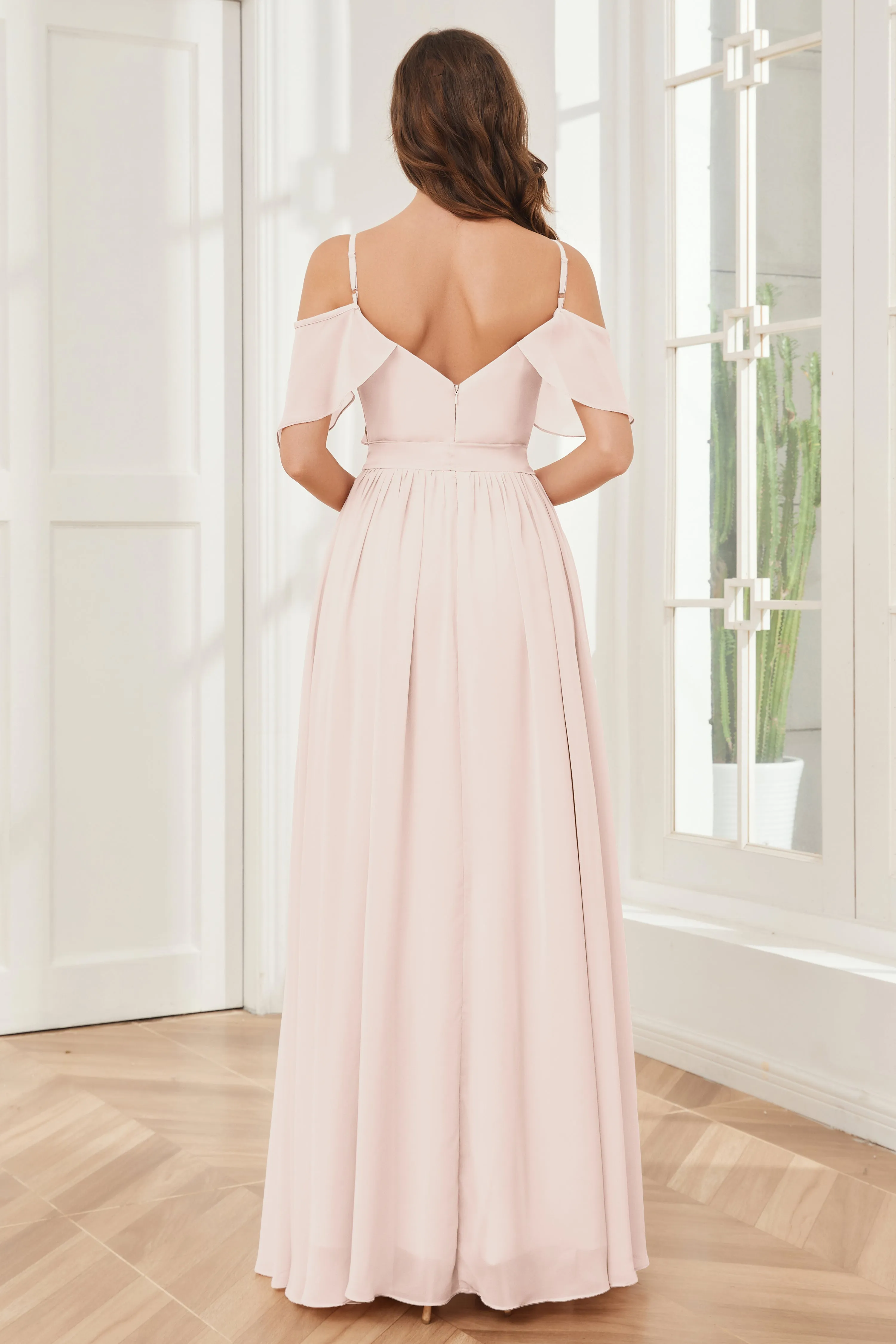 Off the Shoulder Ruffles Chiffon Bridesmaid Dresses with Slit