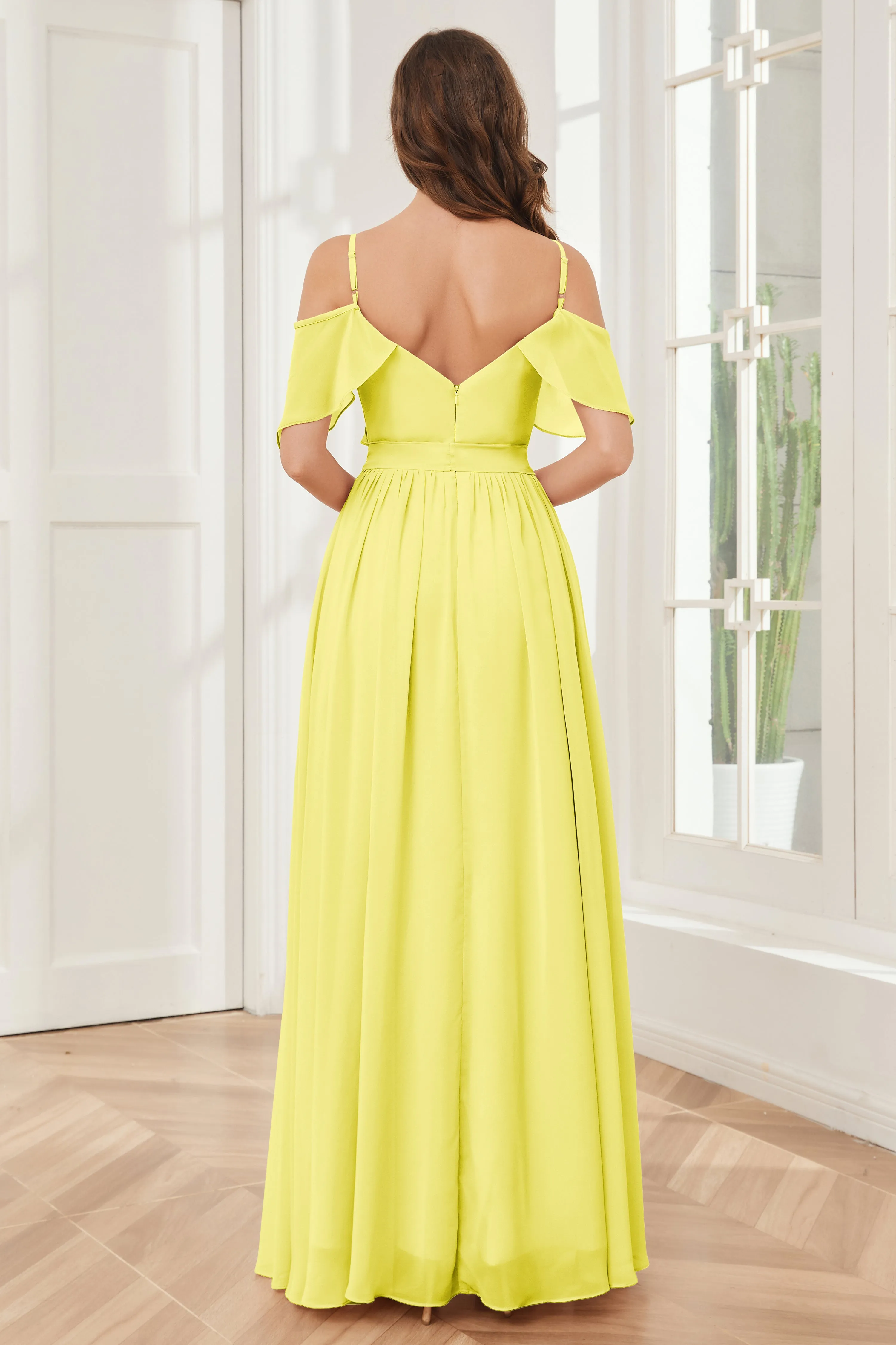 Off the Shoulder Ruffles Chiffon Bridesmaid Dresses with Slit