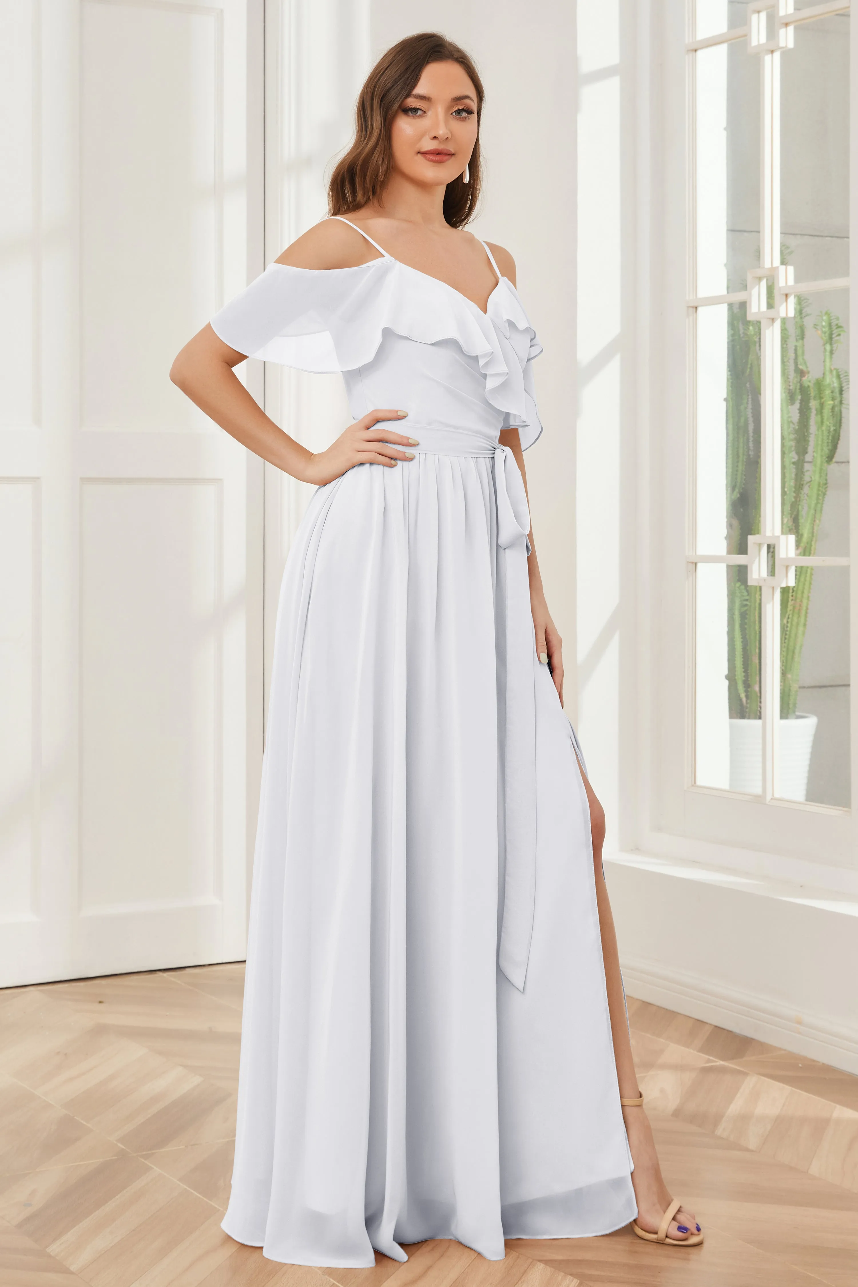 Off the Shoulder Ruffles Chiffon Bridesmaid Dresses with Slit