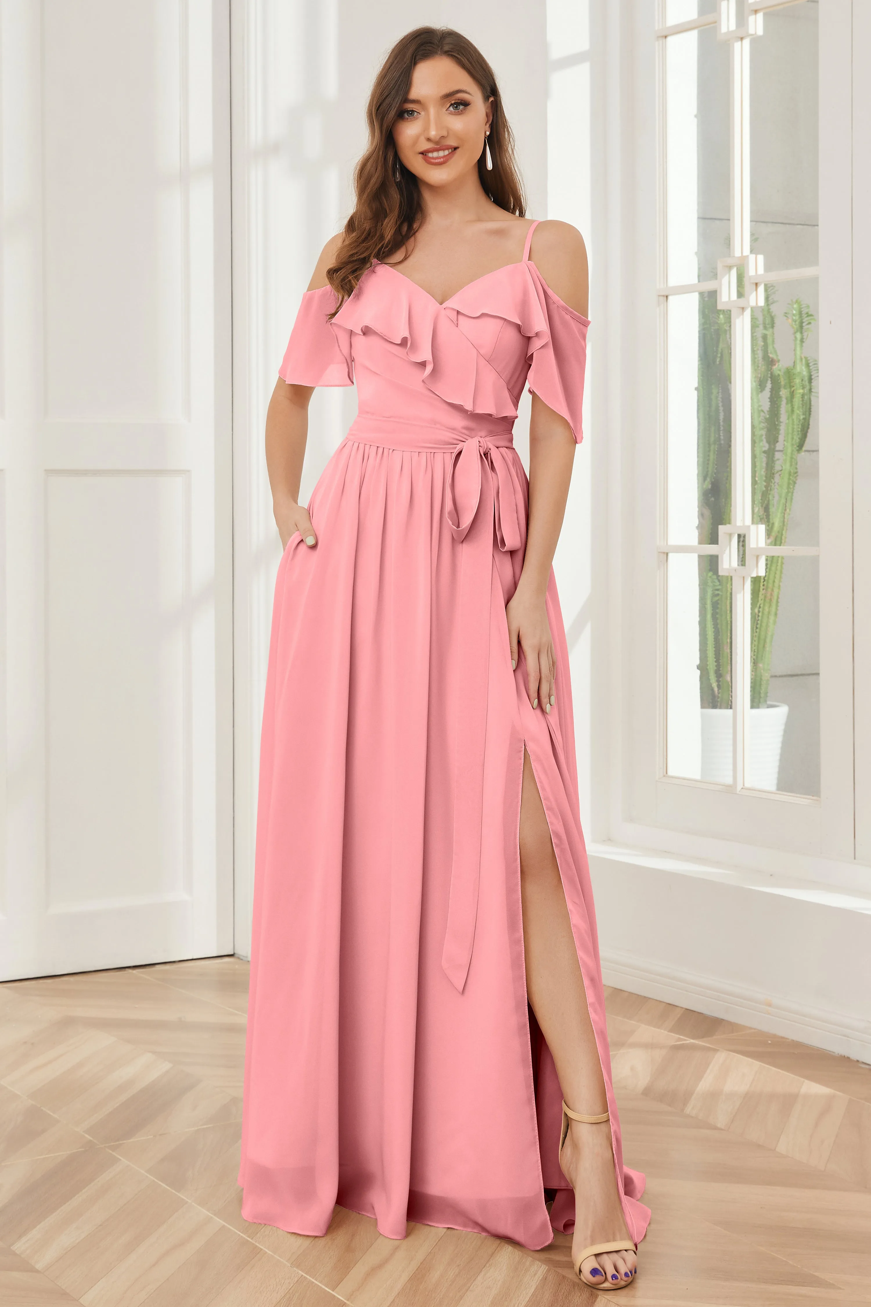 Off the Shoulder Ruffles Chiffon Bridesmaid Dresses with Slit