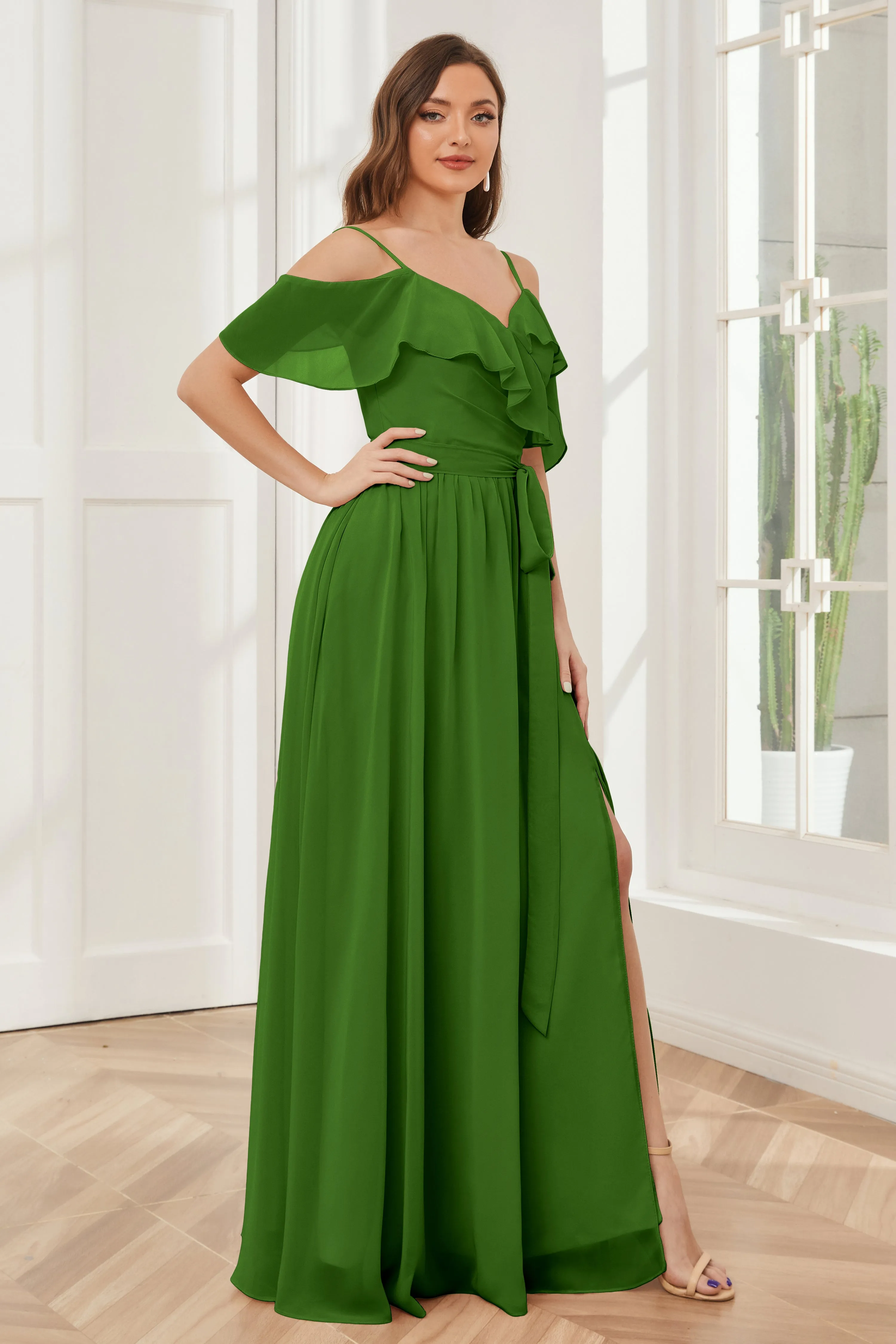 Off the Shoulder Ruffles Chiffon Bridesmaid Dresses with Slit