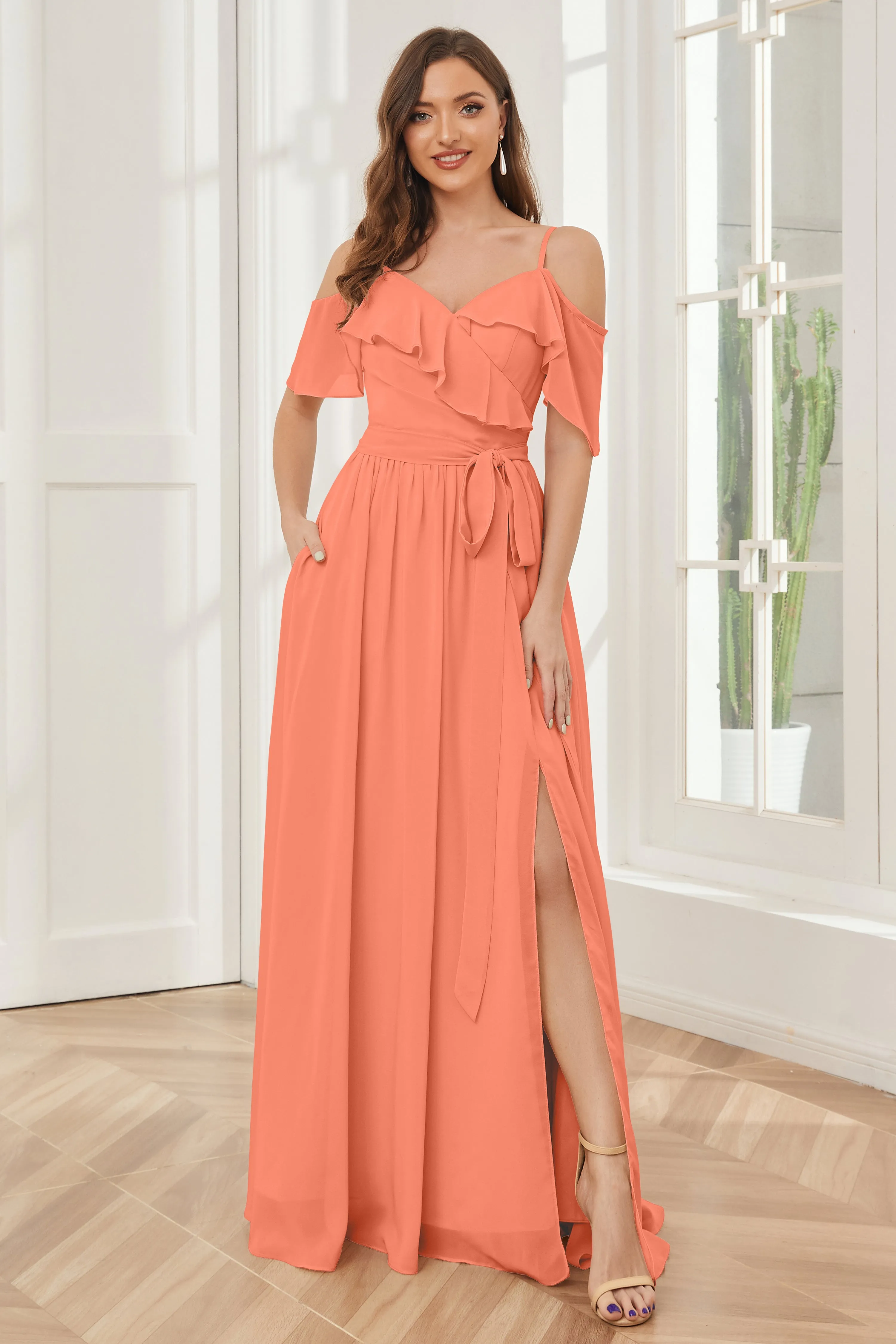 Off the Shoulder Ruffles Chiffon Bridesmaid Dresses with Slit