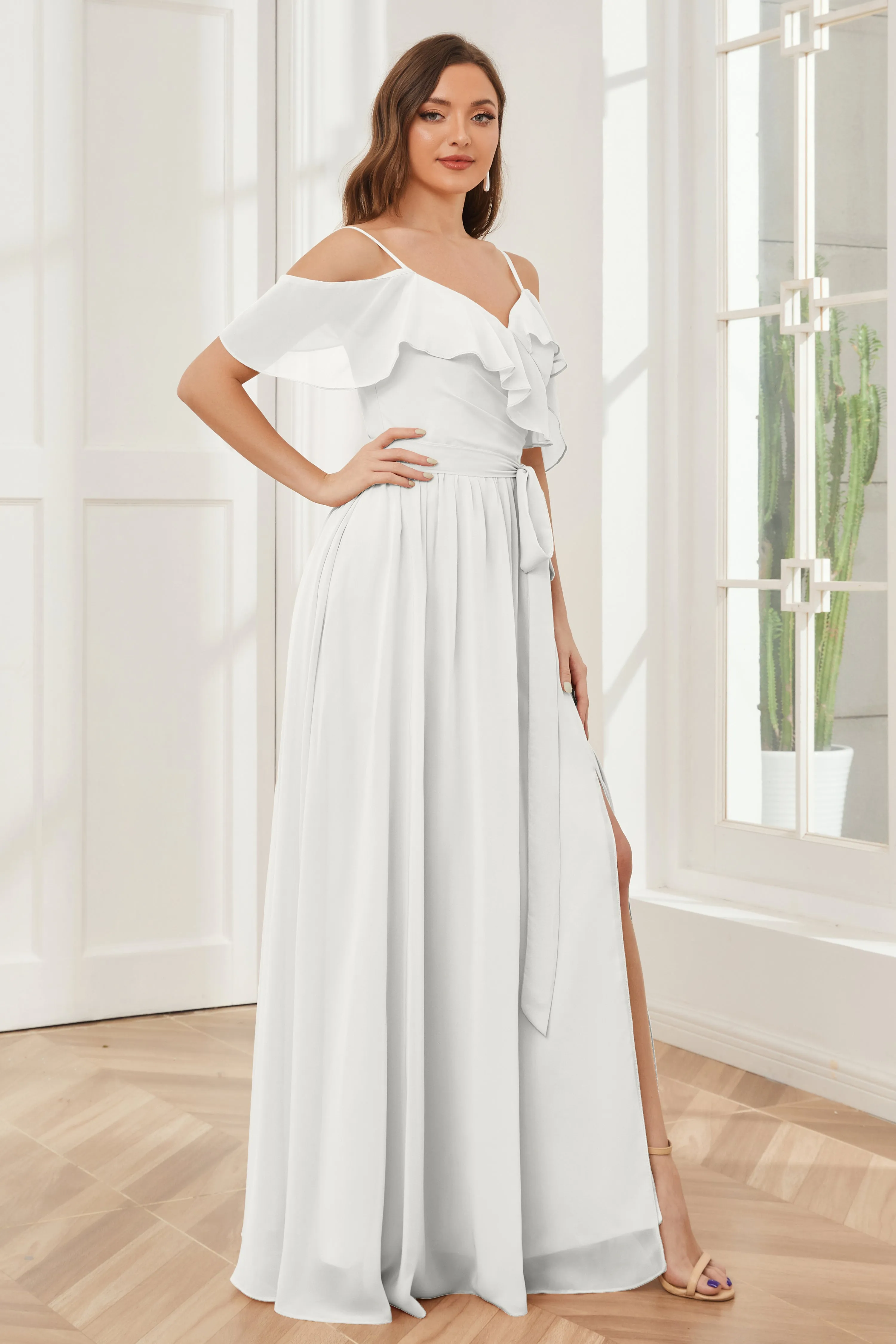 Off the Shoulder Ruffles Chiffon Bridesmaid Dresses with Slit