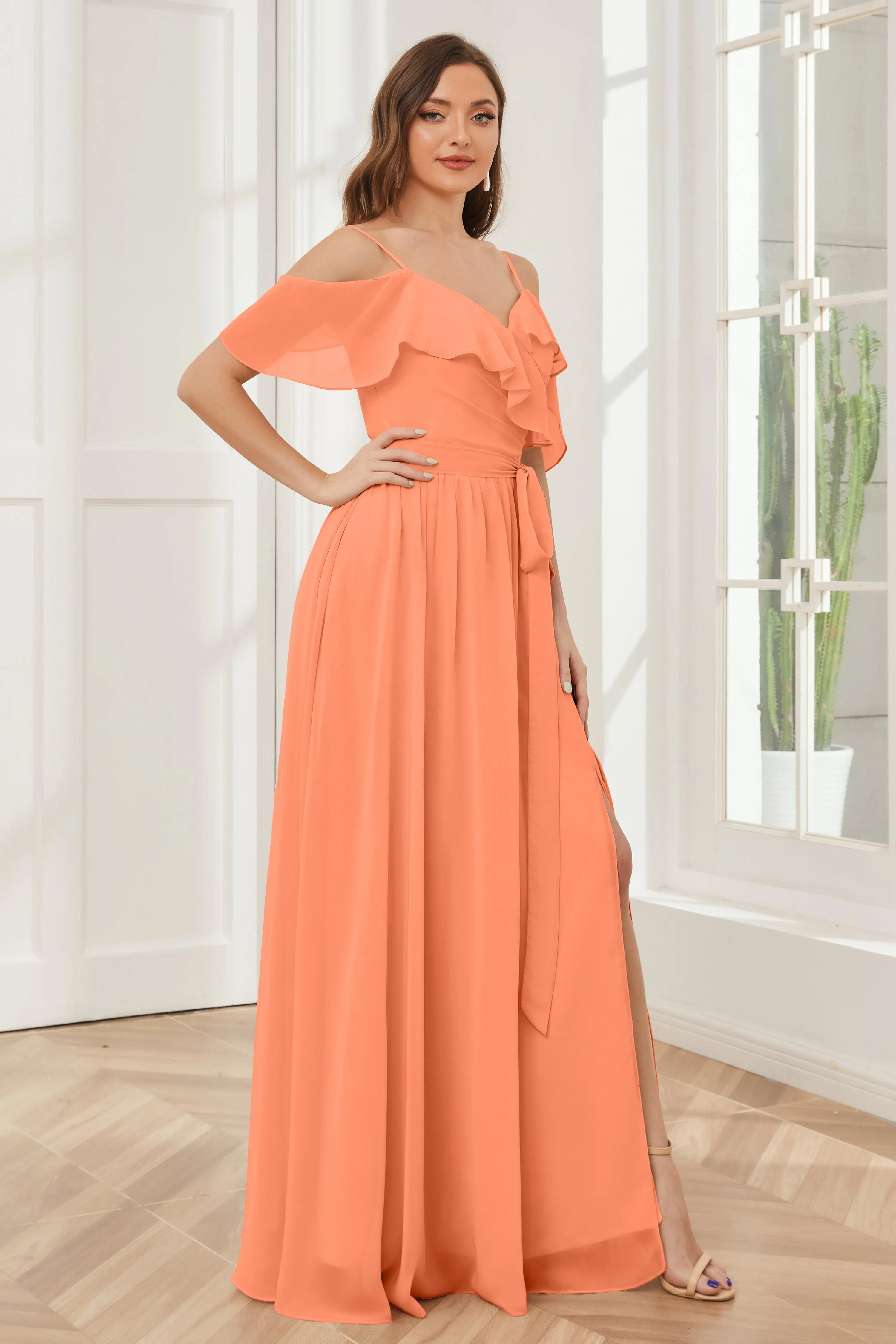 Off the Shoulder Ruffles Chiffon Bridesmaid Dresses with Slit