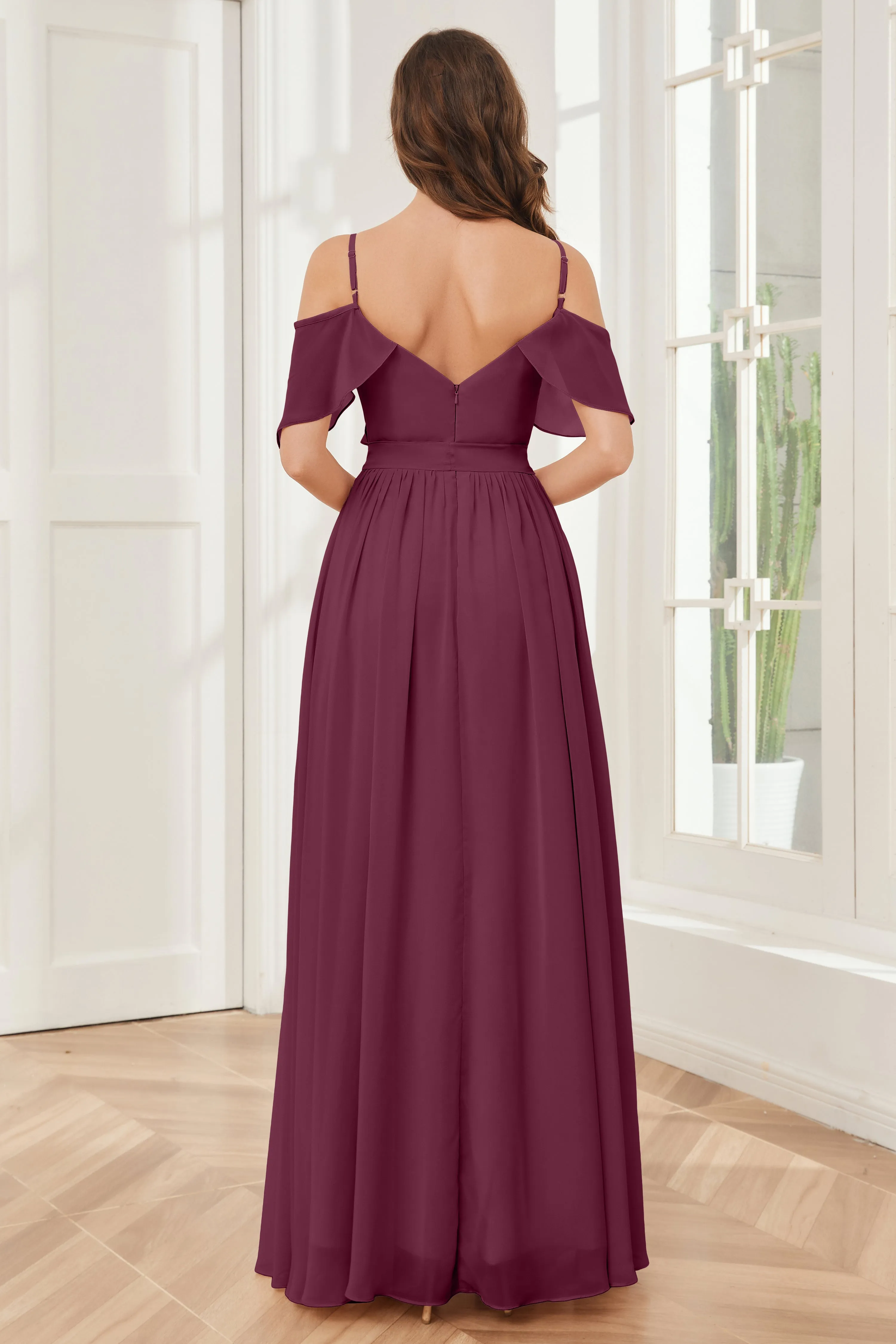 Off the Shoulder Ruffles Chiffon Bridesmaid Dresses with Slit