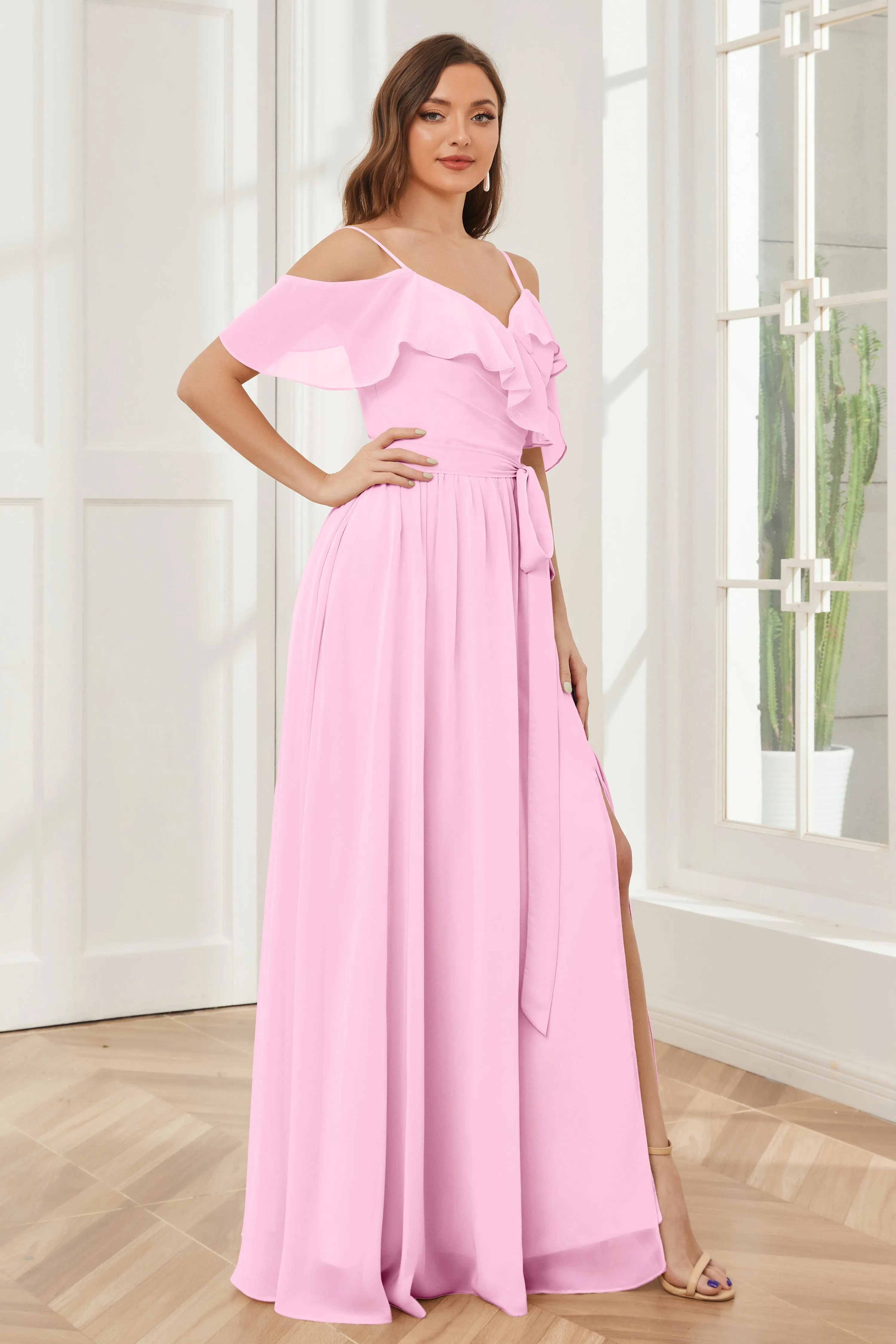 Off the Shoulder Ruffles Chiffon Bridesmaid Dresses with Slit