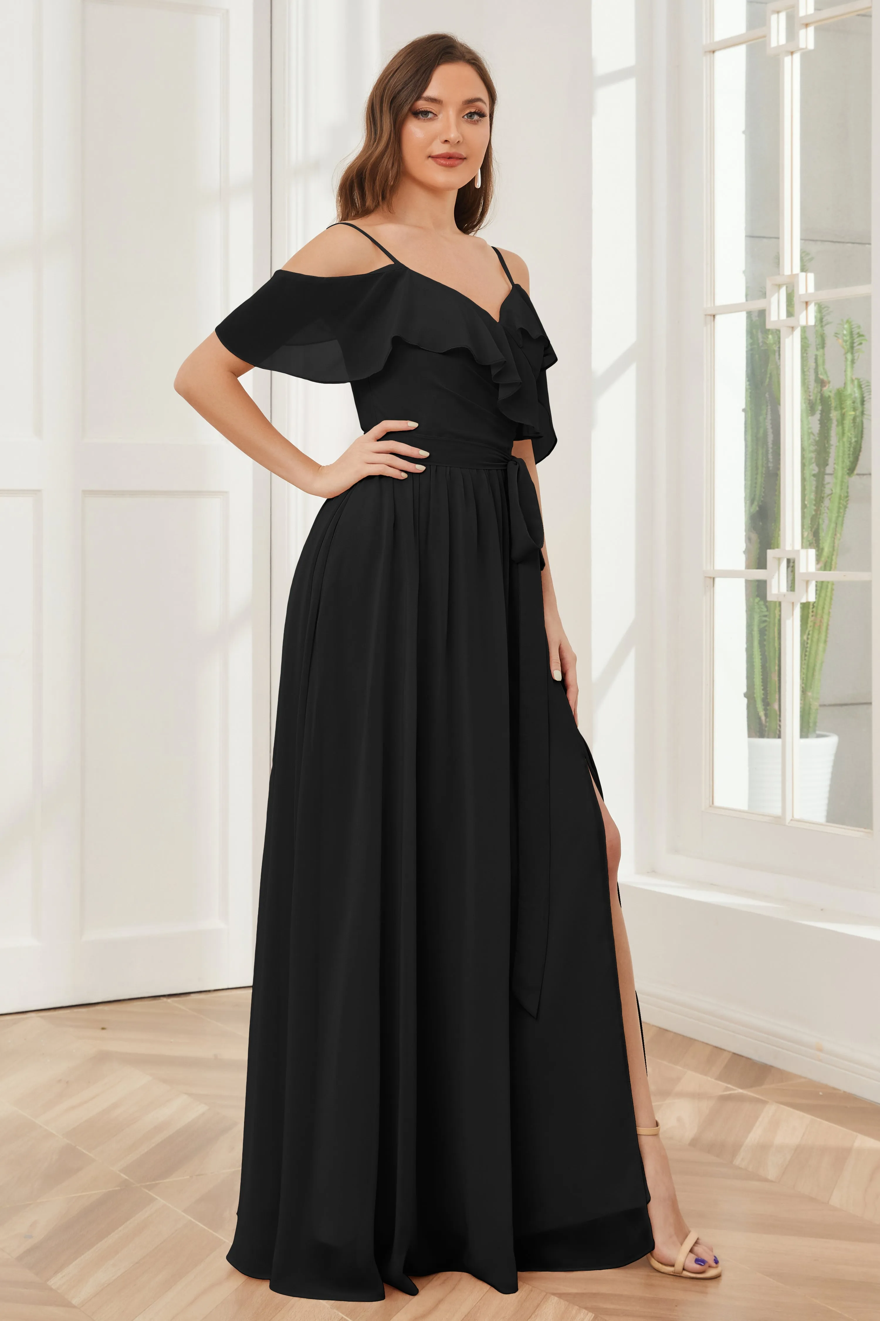 Off the Shoulder Ruffles Chiffon Bridesmaid Dresses with Slit