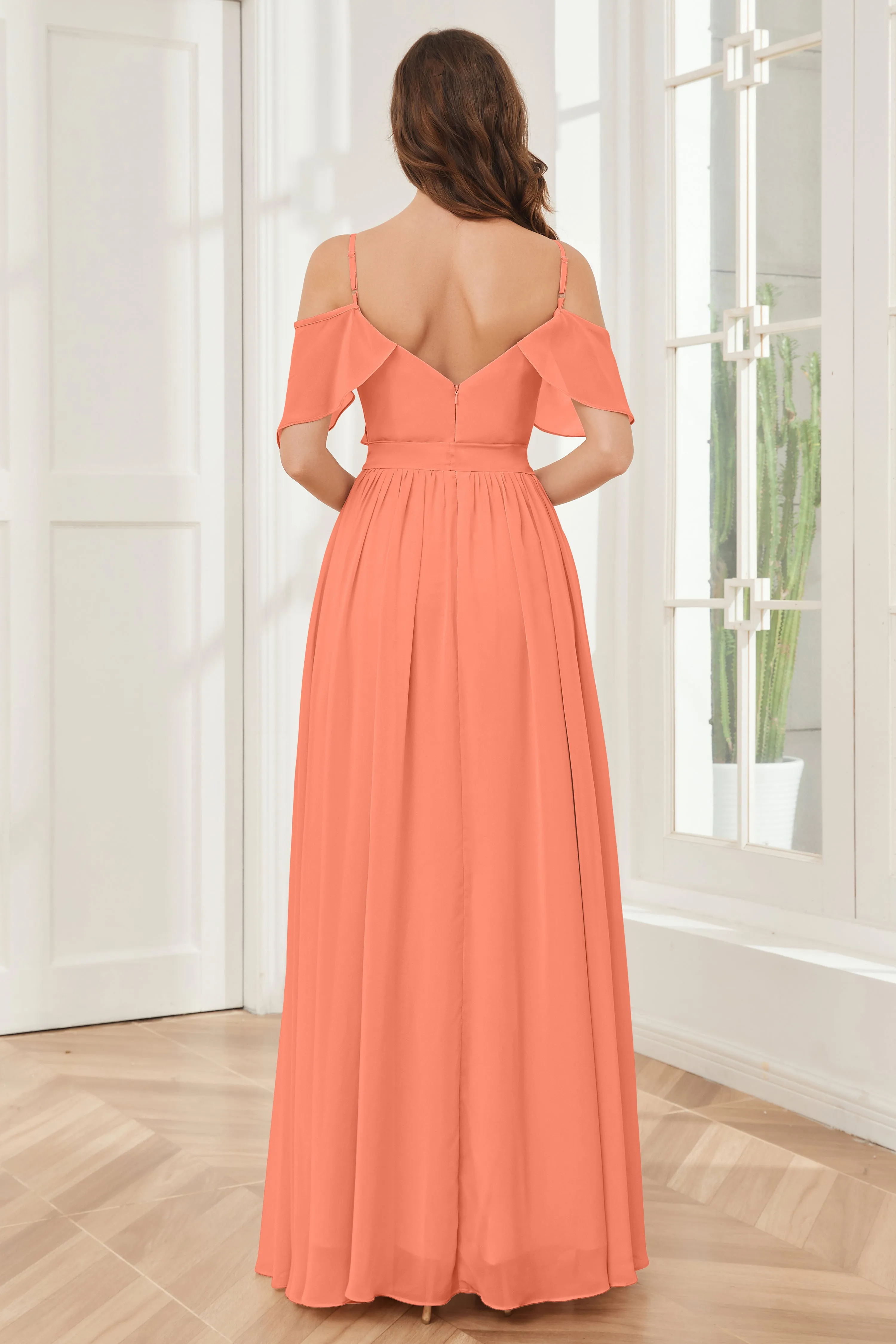 Off the Shoulder Ruffles Chiffon Bridesmaid Dresses with Slit