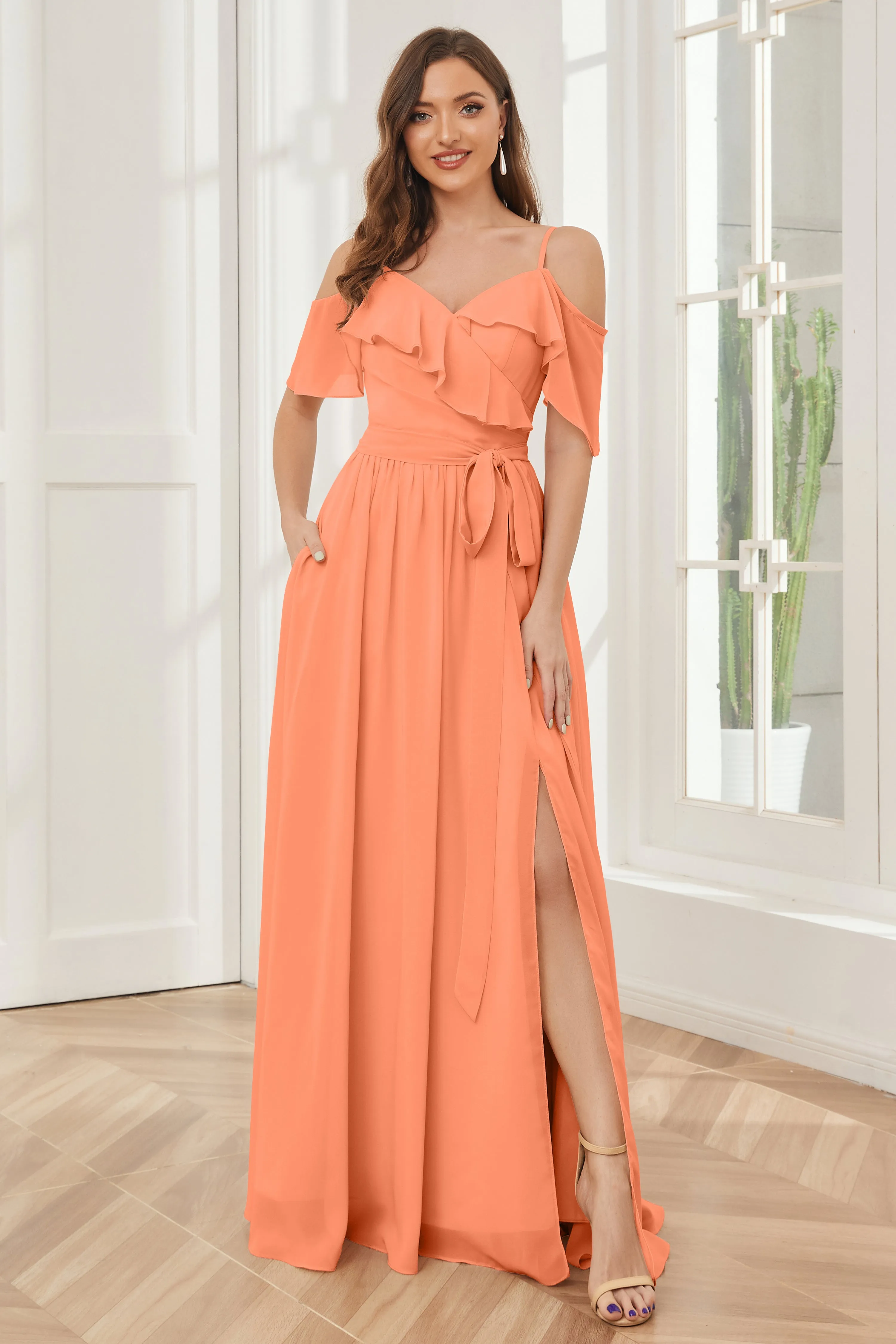 Off the Shoulder Ruffles Chiffon Bridesmaid Dresses with Slit