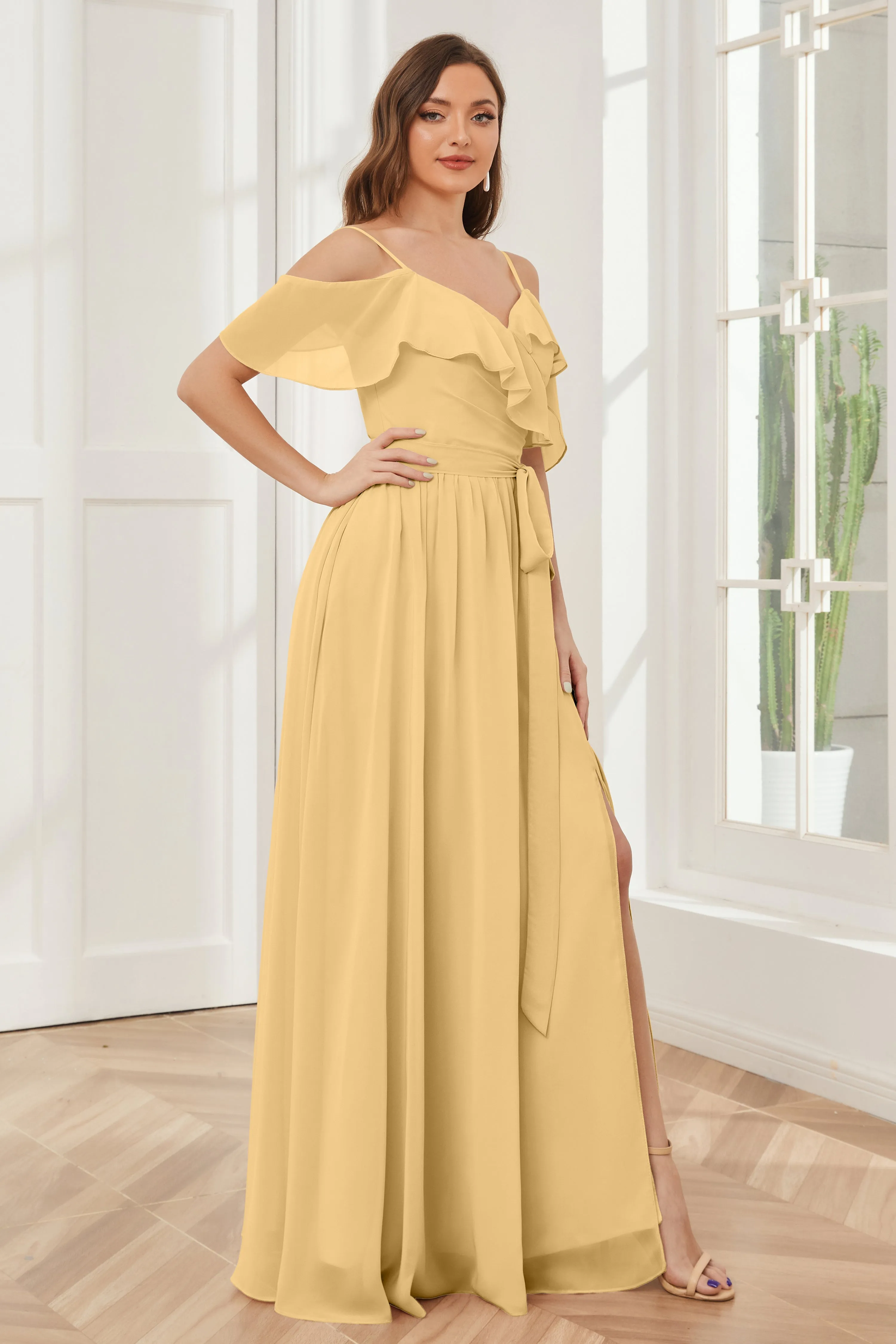 Off the Shoulder Ruffles Chiffon Bridesmaid Dresses with Slit