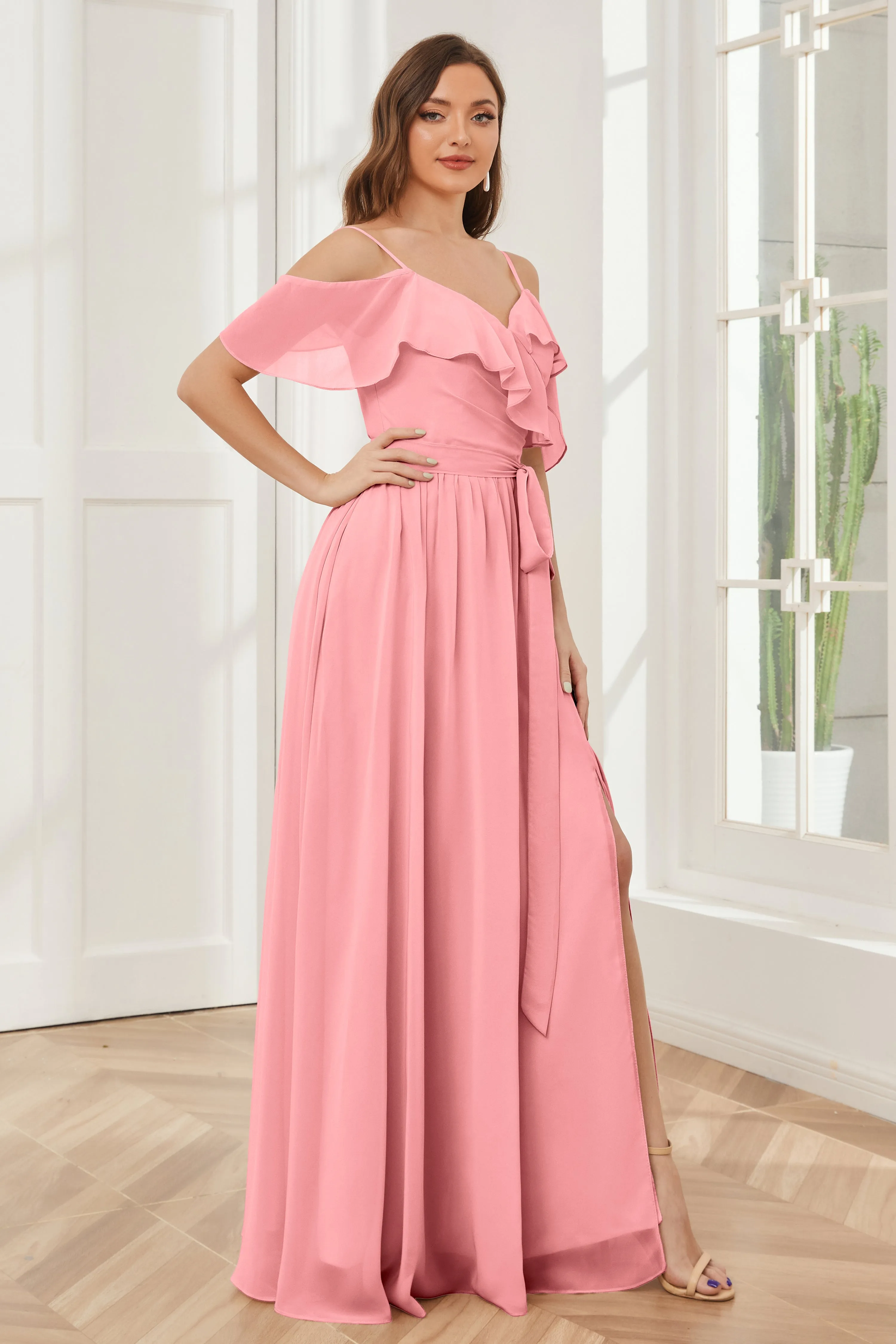 Off the Shoulder Ruffles Chiffon Bridesmaid Dresses with Slit