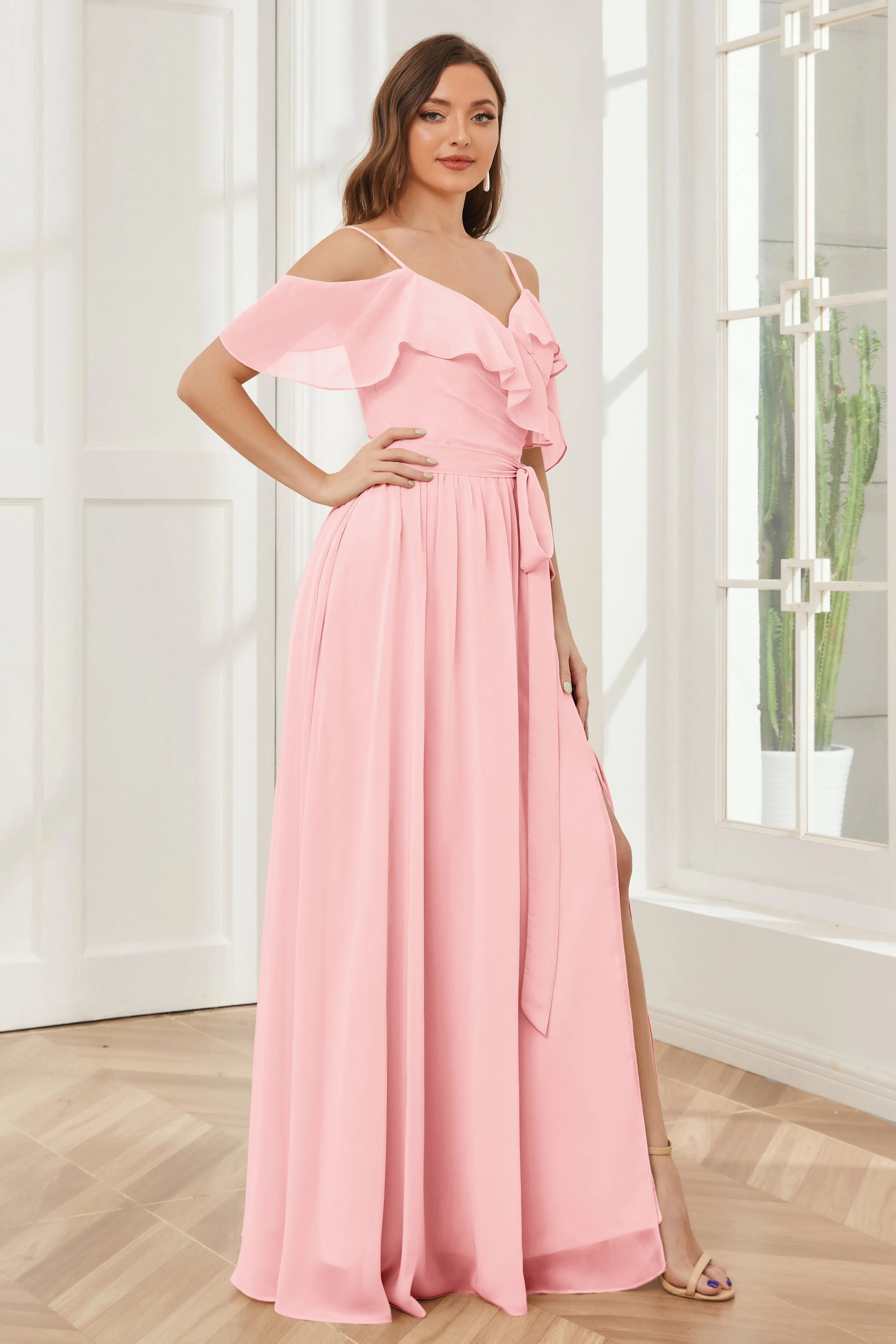 Off the Shoulder Ruffles Chiffon Bridesmaid Dresses with Slit