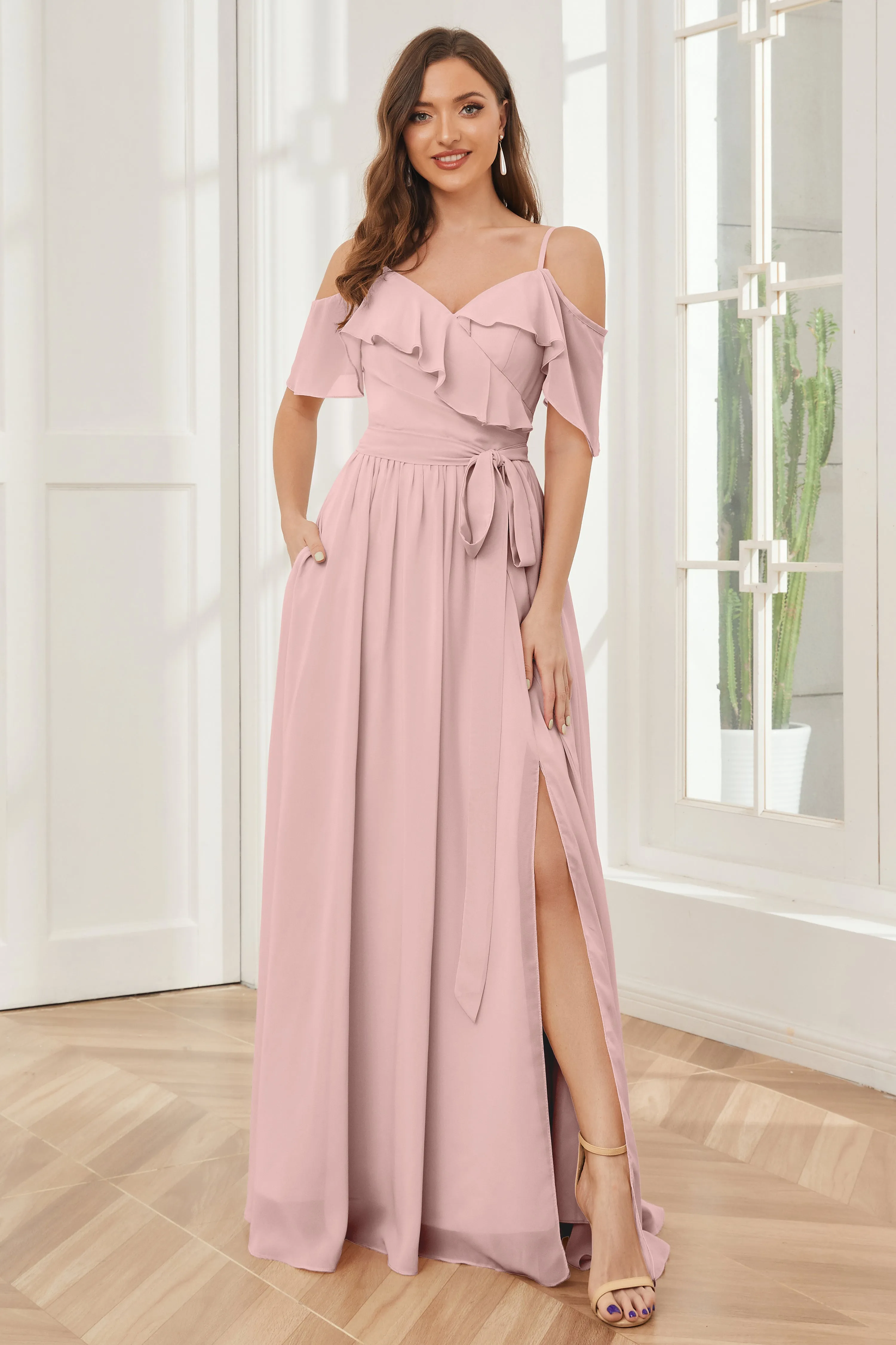 Off the Shoulder Ruffles Chiffon Bridesmaid Dresses with Slit