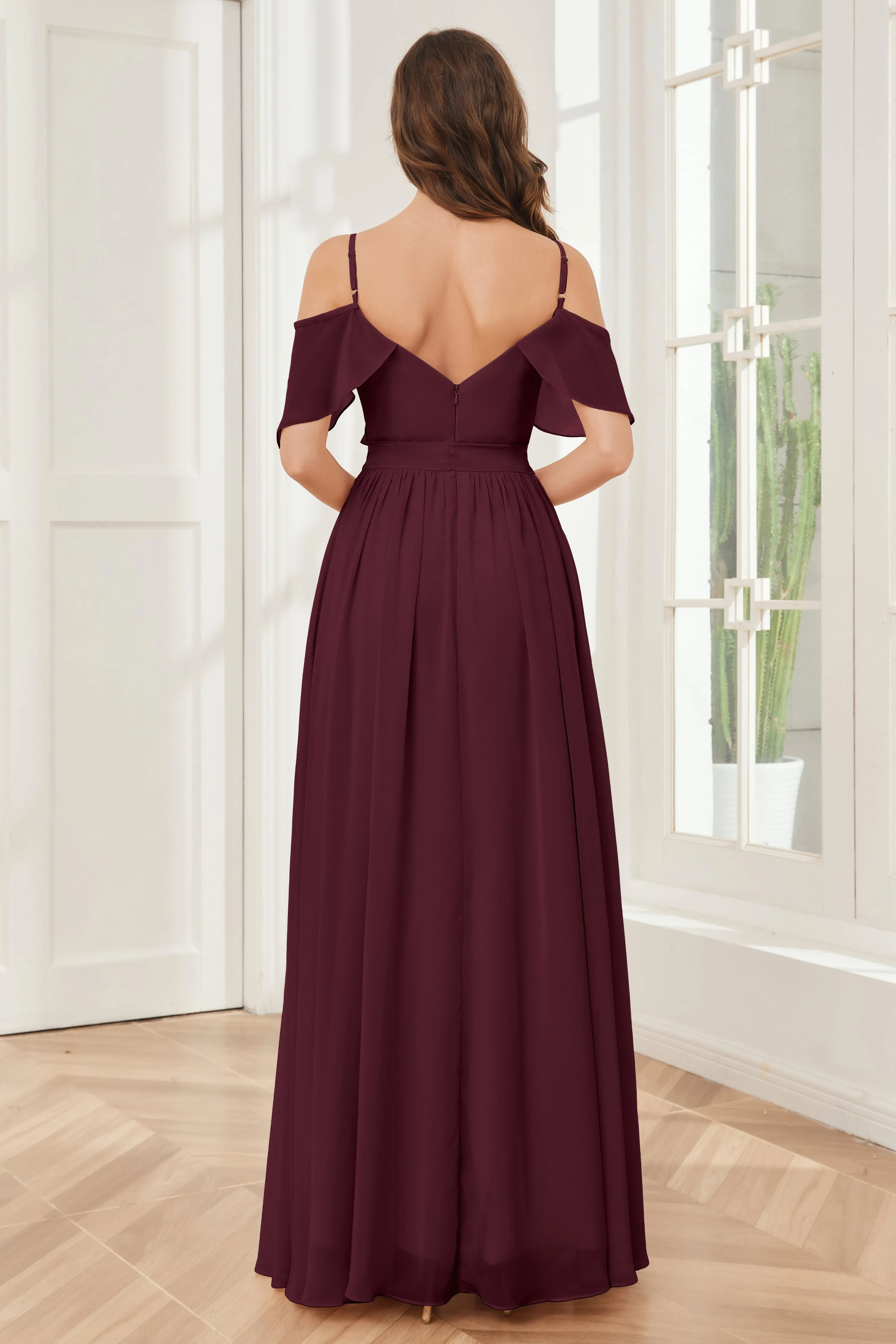 Off the Shoulder Ruffles Chiffon Bridesmaid Dresses with Slit