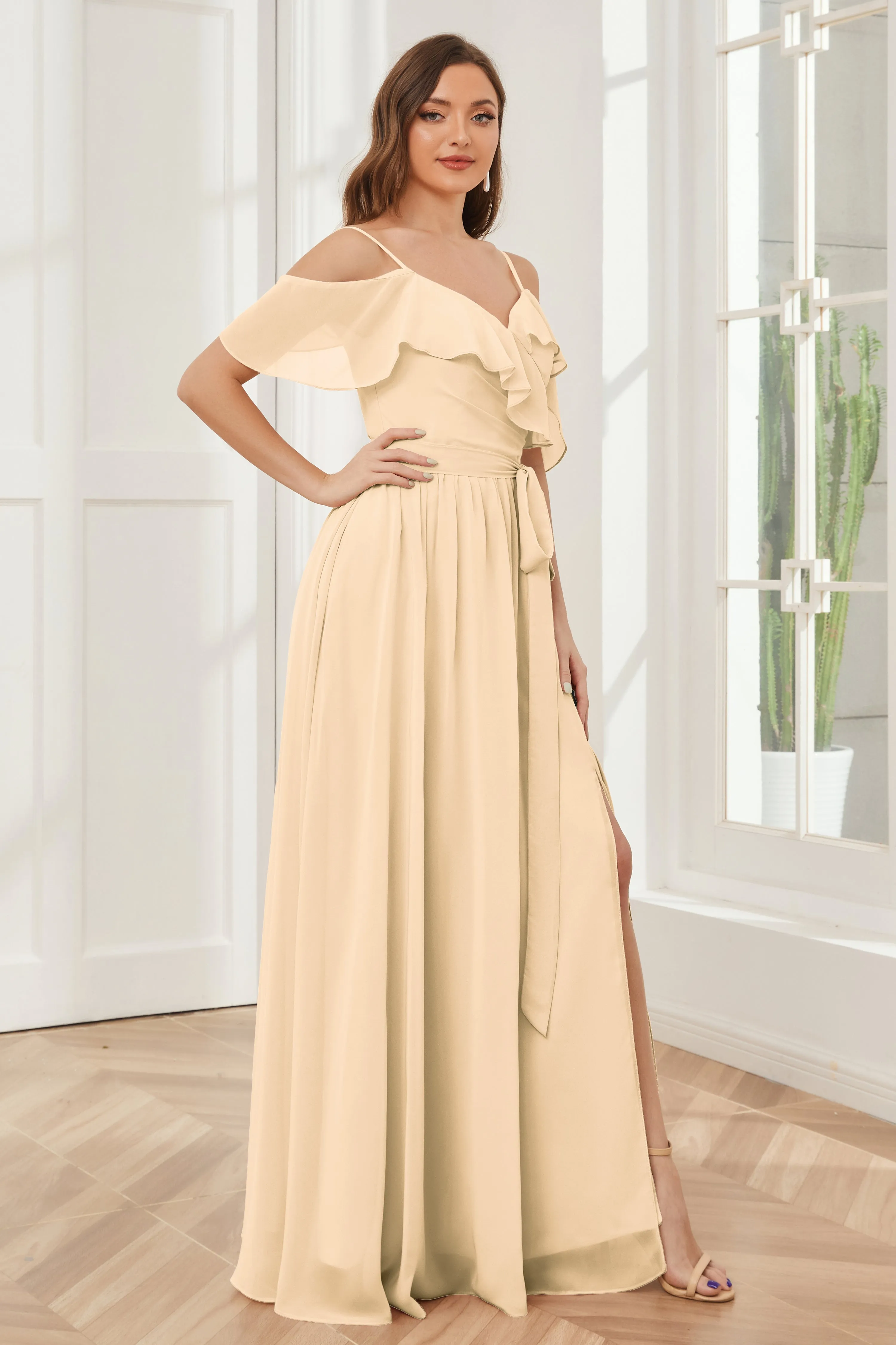 Off the Shoulder Ruffles Chiffon Bridesmaid Dresses with Slit