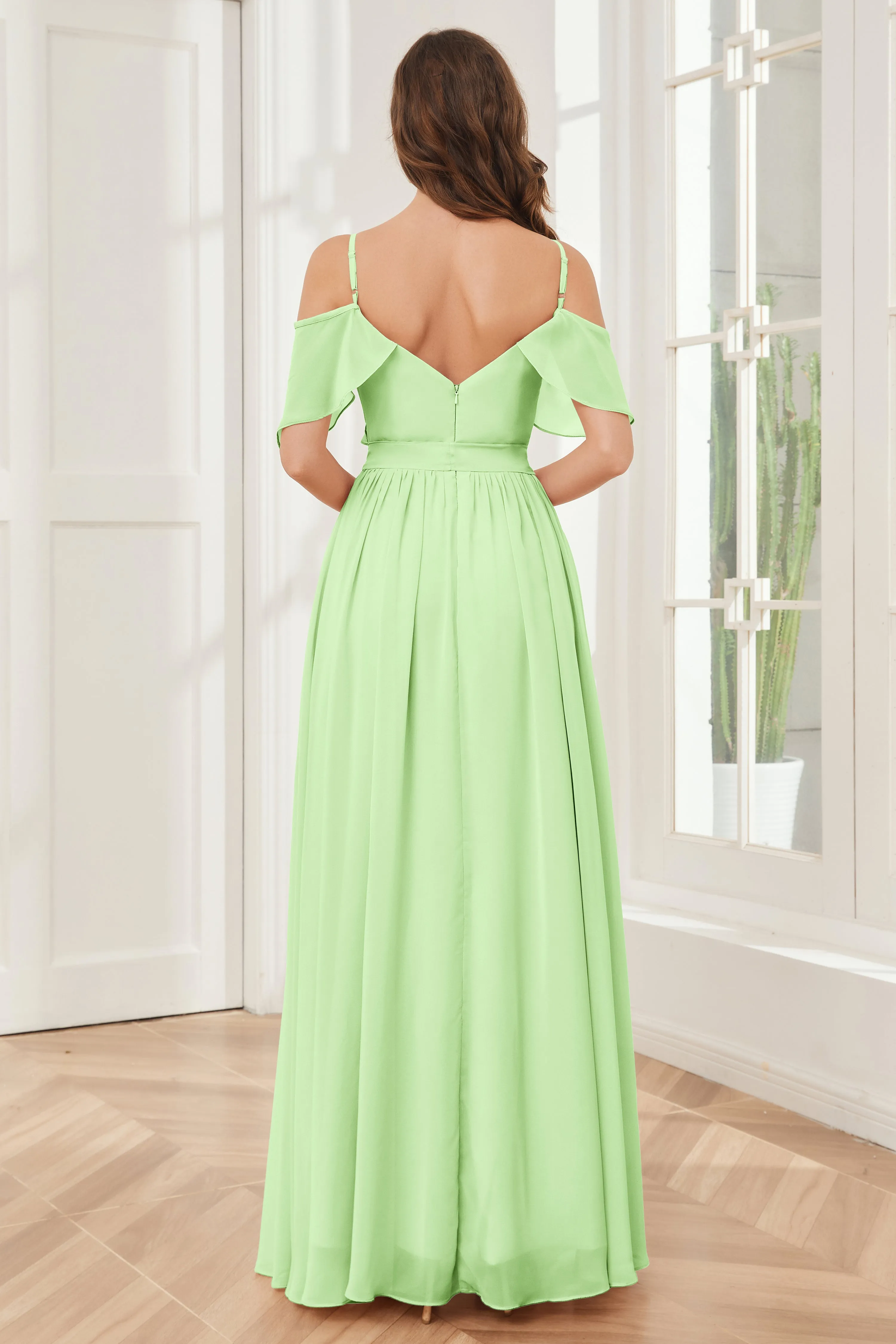 Off the Shoulder Ruffles Chiffon Bridesmaid Dresses with Slit