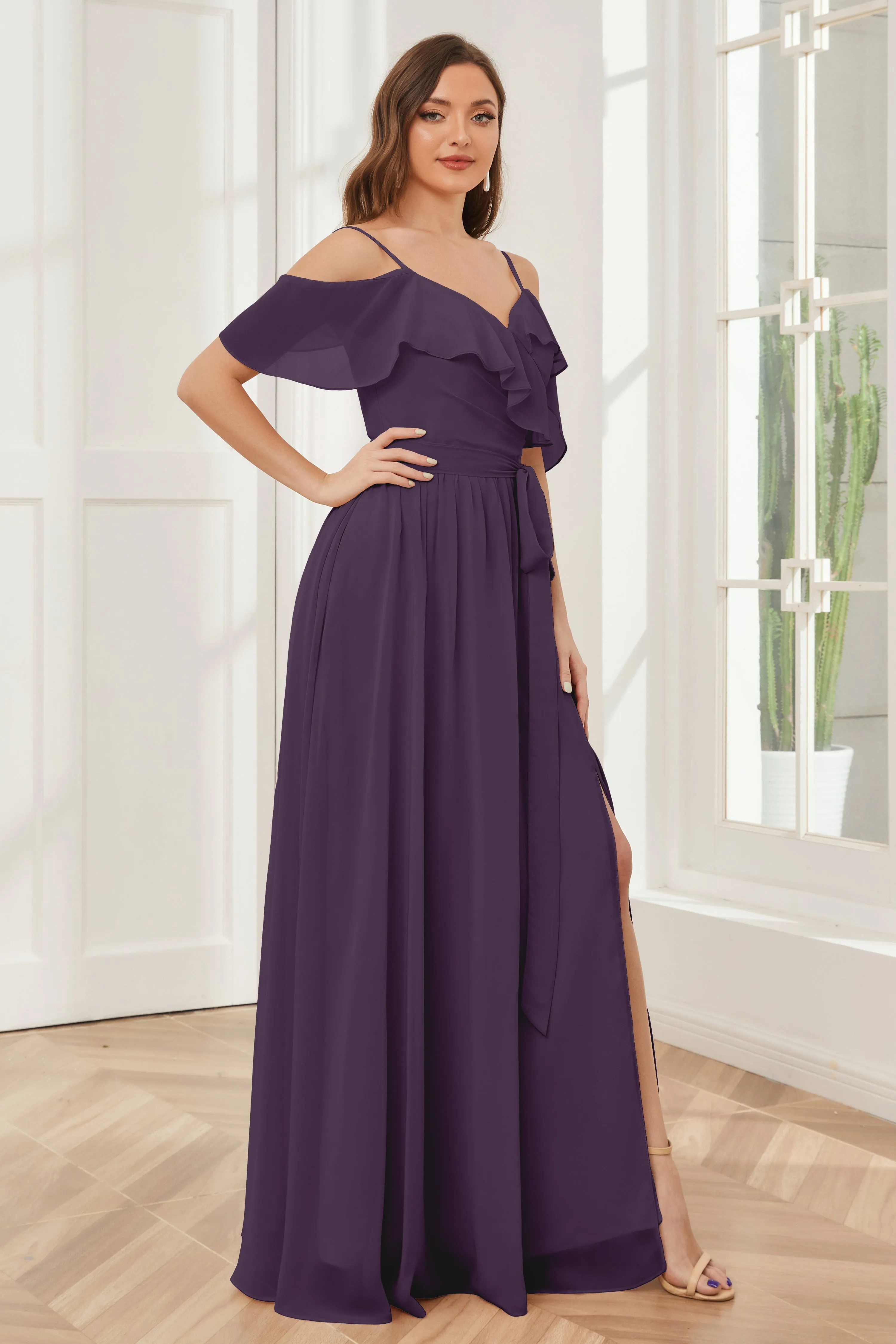 Off the Shoulder Ruffles Chiffon Bridesmaid Dresses with Slit