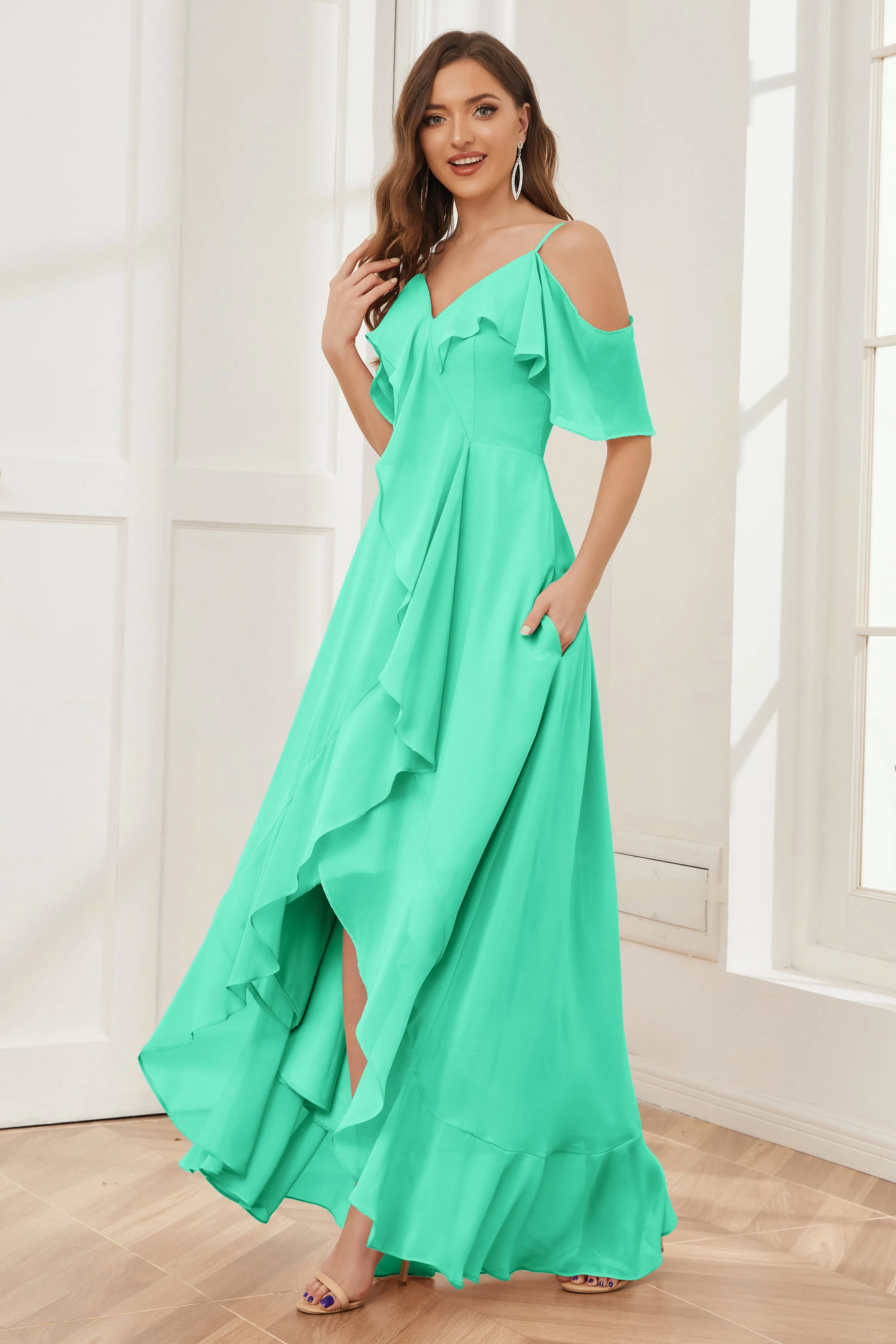 Off the Shoulder Ruffles High Low Bridesmaid Dresses