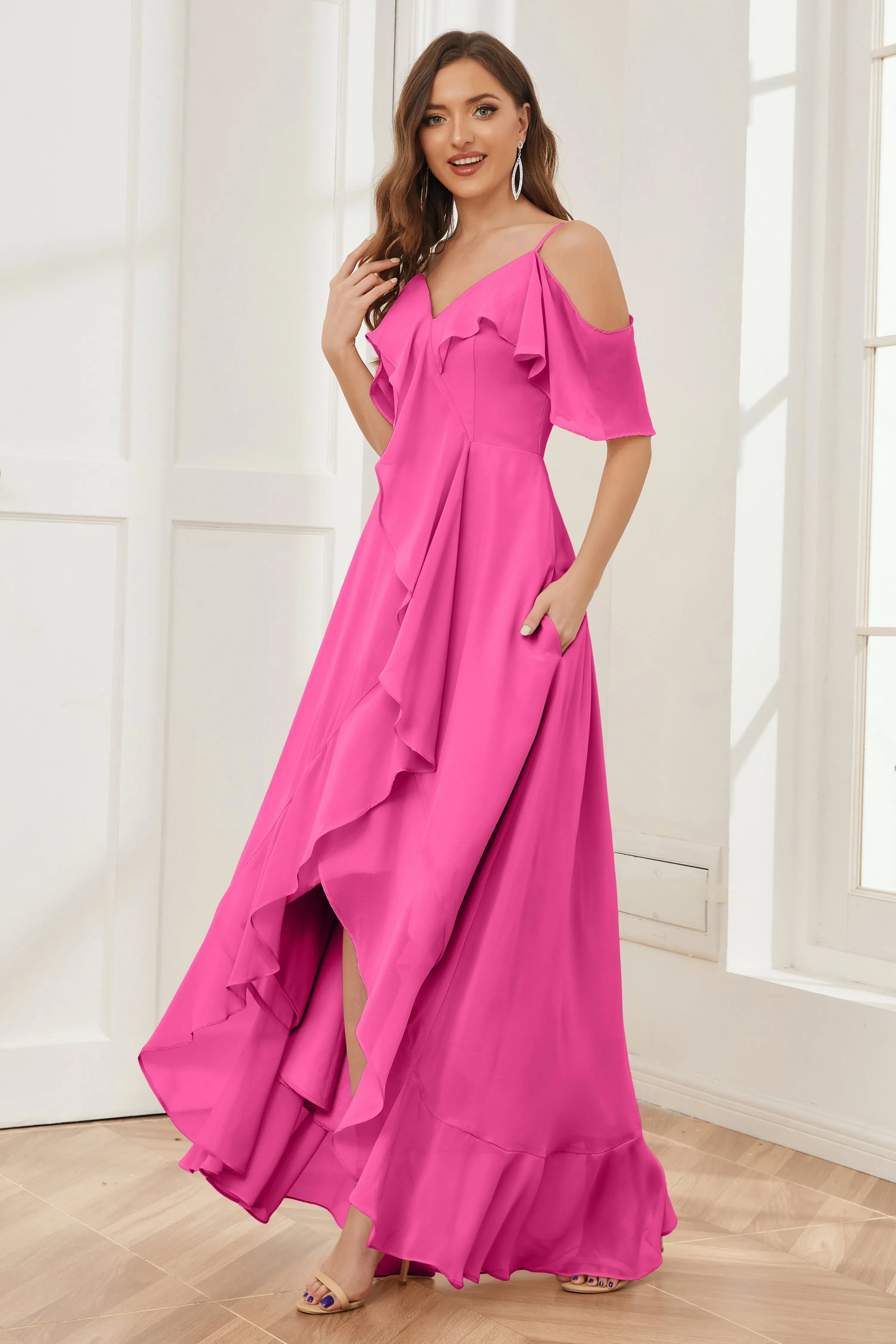 Off the Shoulder Ruffles High Low Bridesmaid Dresses