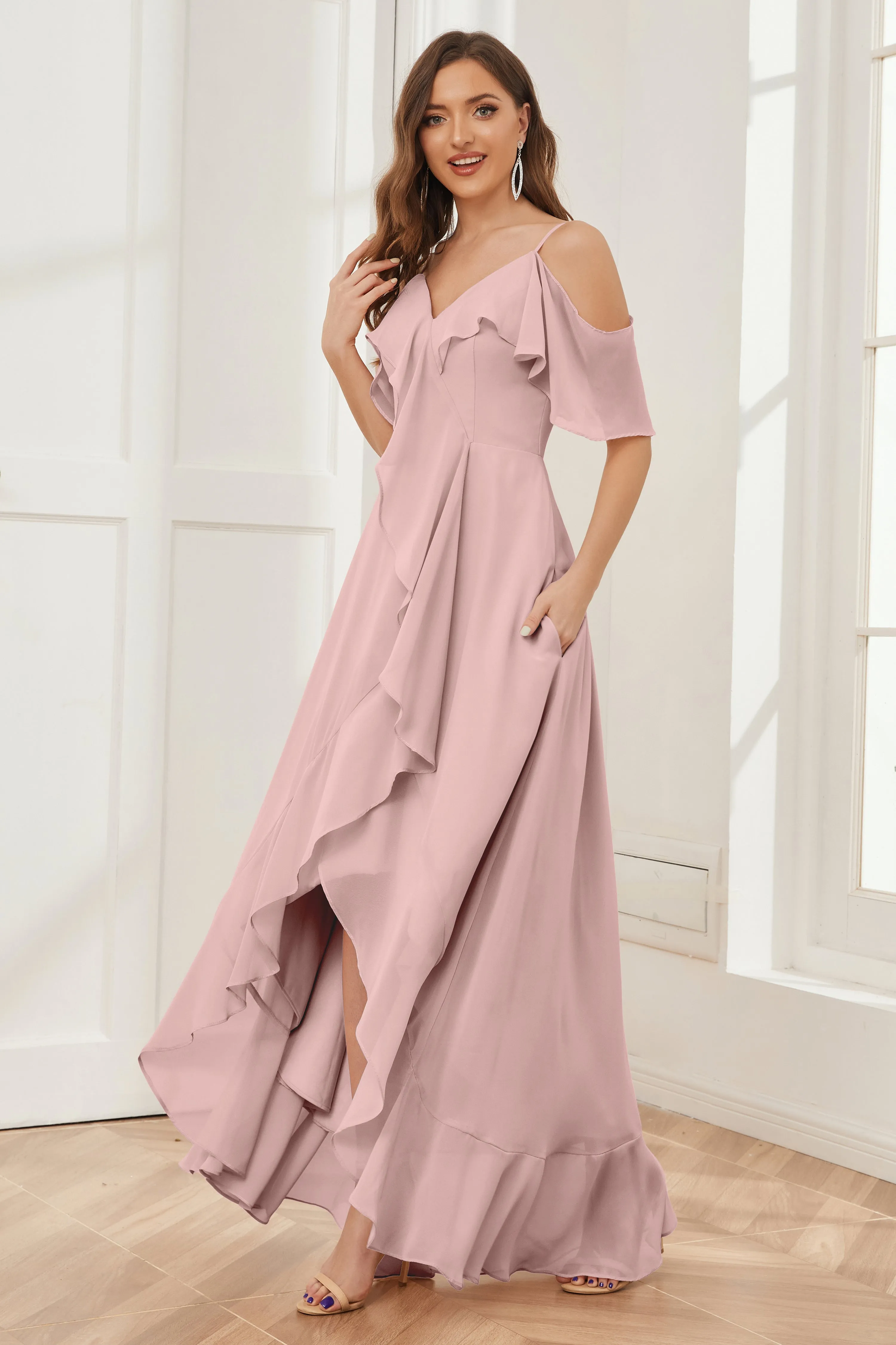 Off the Shoulder Ruffles High Low Bridesmaid Dresses