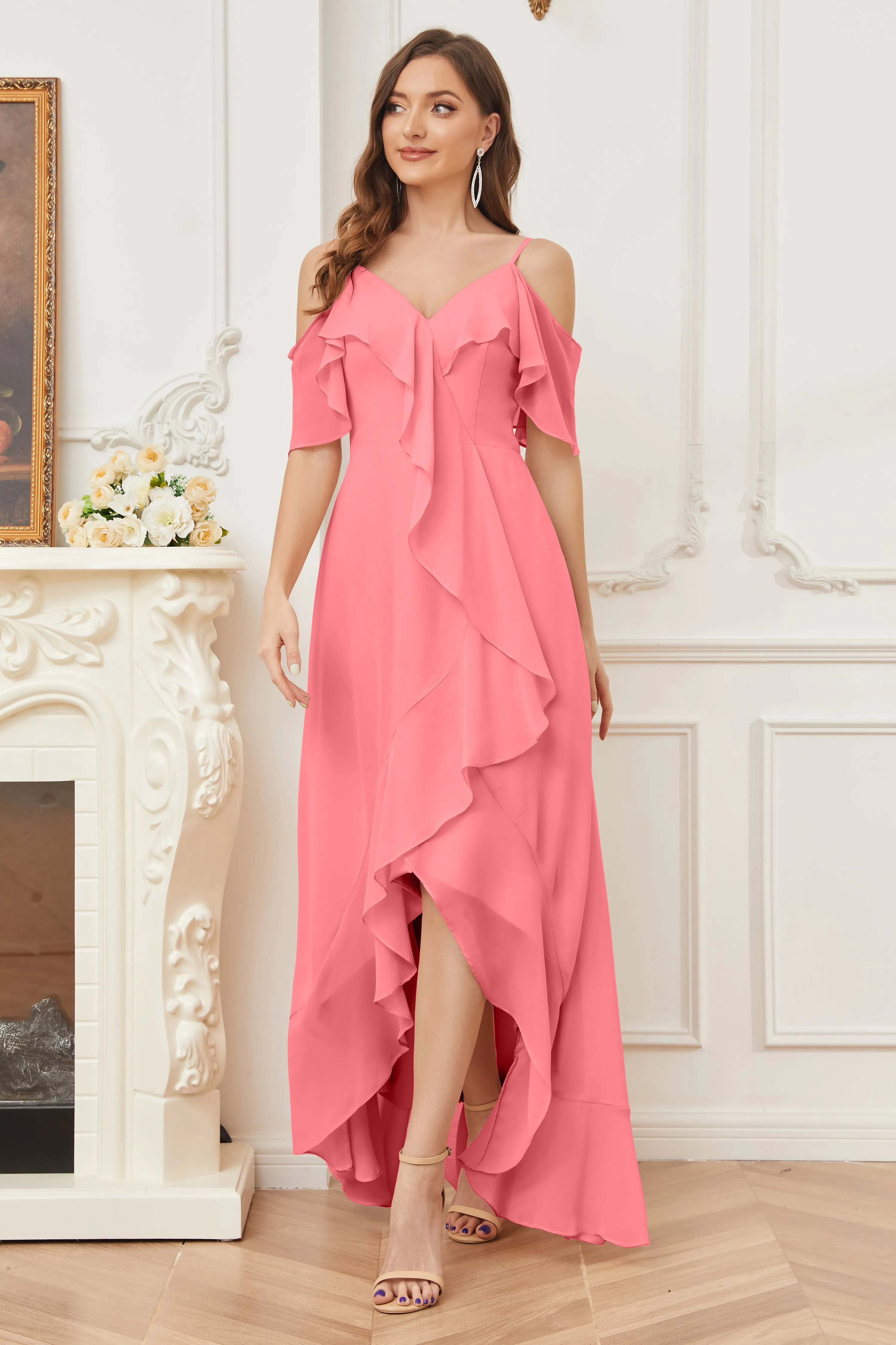 Off the Shoulder Ruffles High Low Bridesmaid Dresses