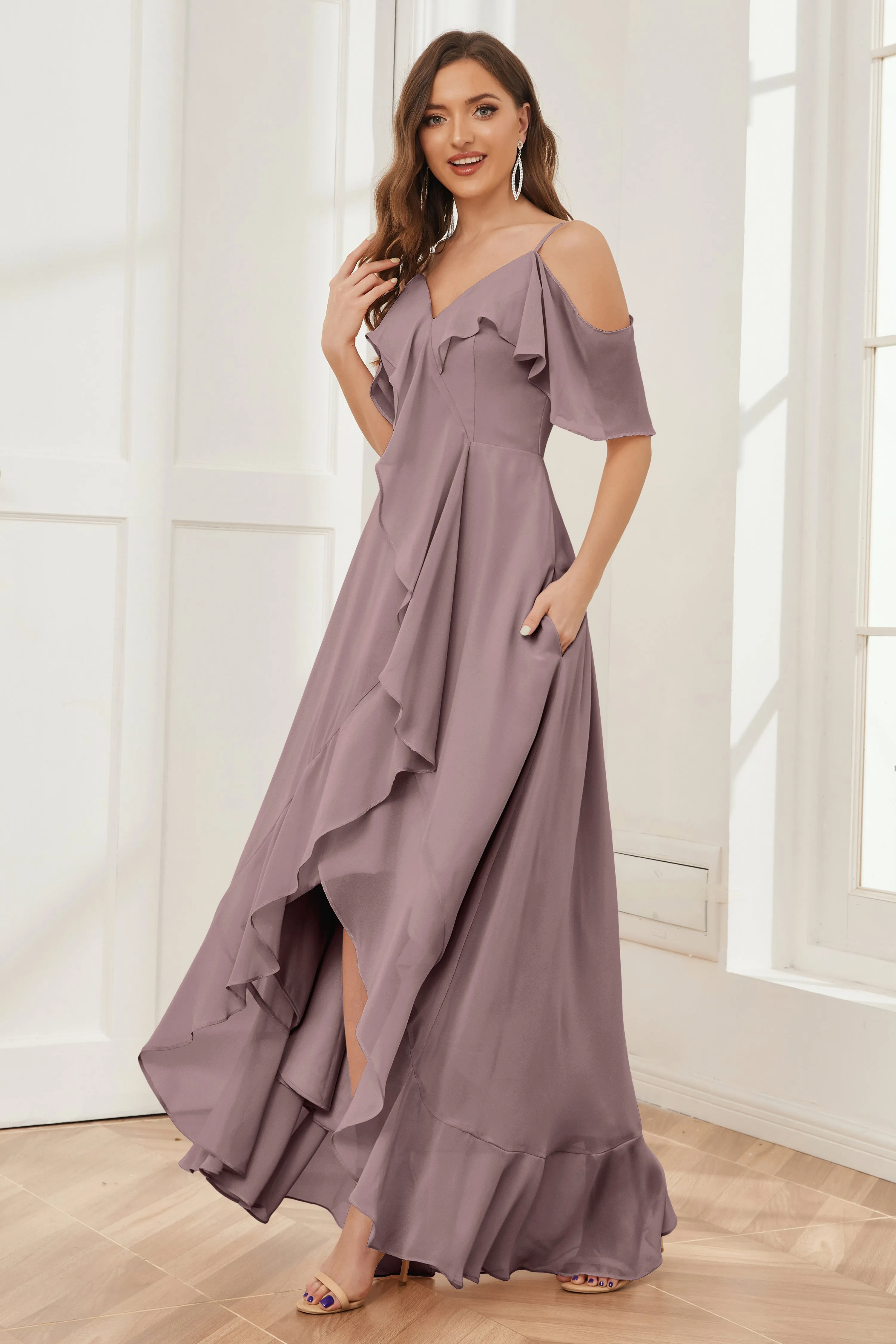 Off the Shoulder Ruffles High Low Bridesmaid Dresses