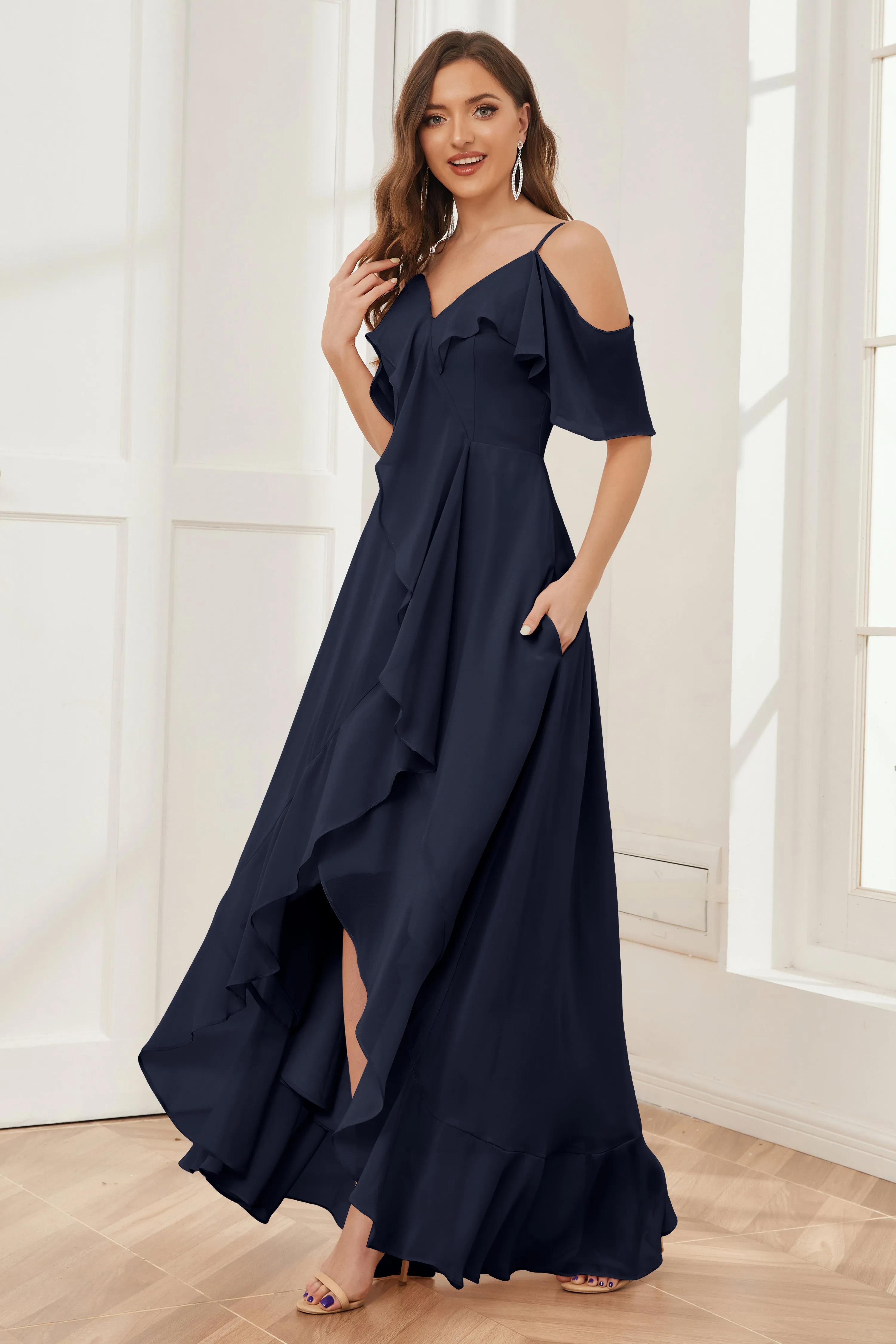 Off the Shoulder Ruffles High Low Bridesmaid Dresses