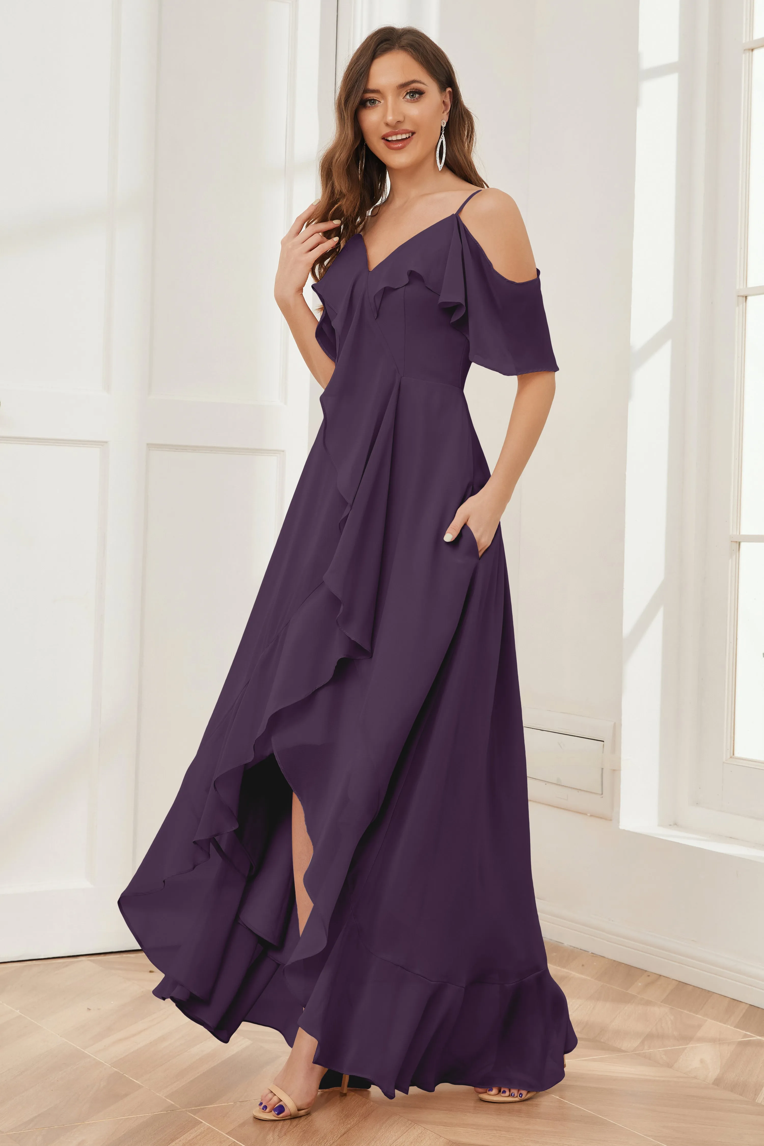 Off the Shoulder Ruffles High Low Bridesmaid Dresses