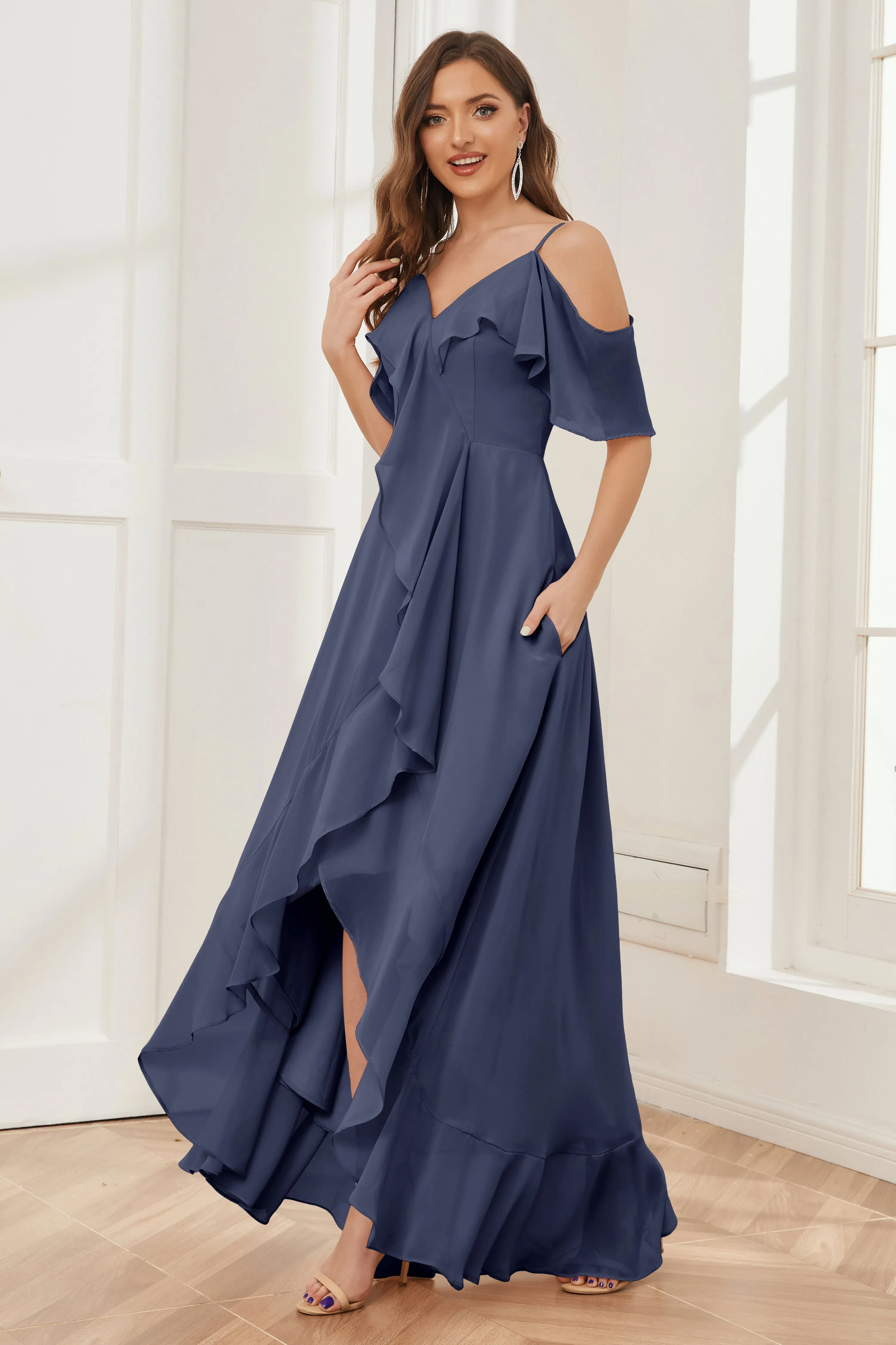 Off the Shoulder Ruffles High Low Bridesmaid Dresses