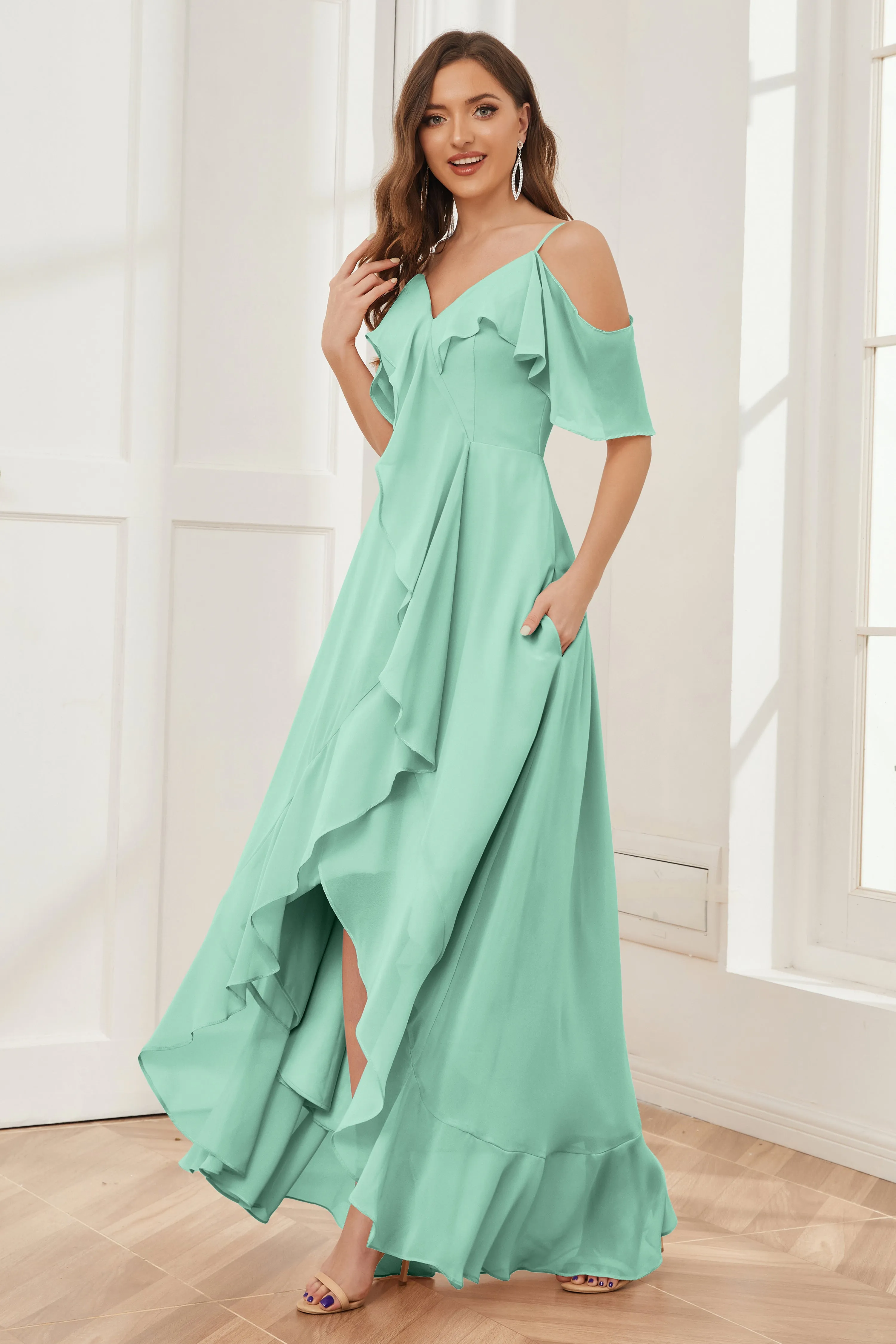 Off the Shoulder Ruffles High Low Bridesmaid Dresses