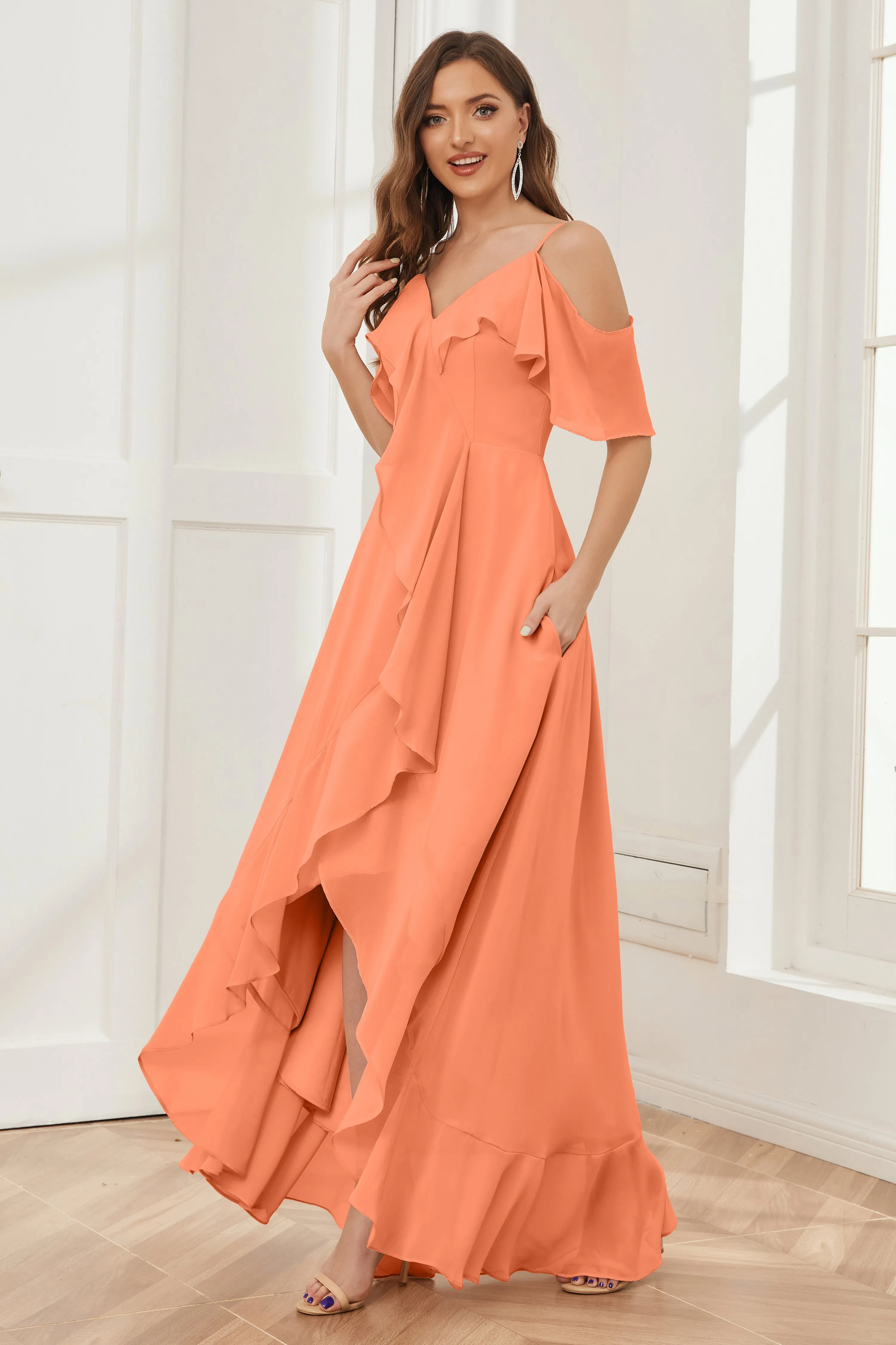 Off the Shoulder Ruffles High Low Bridesmaid Dresses