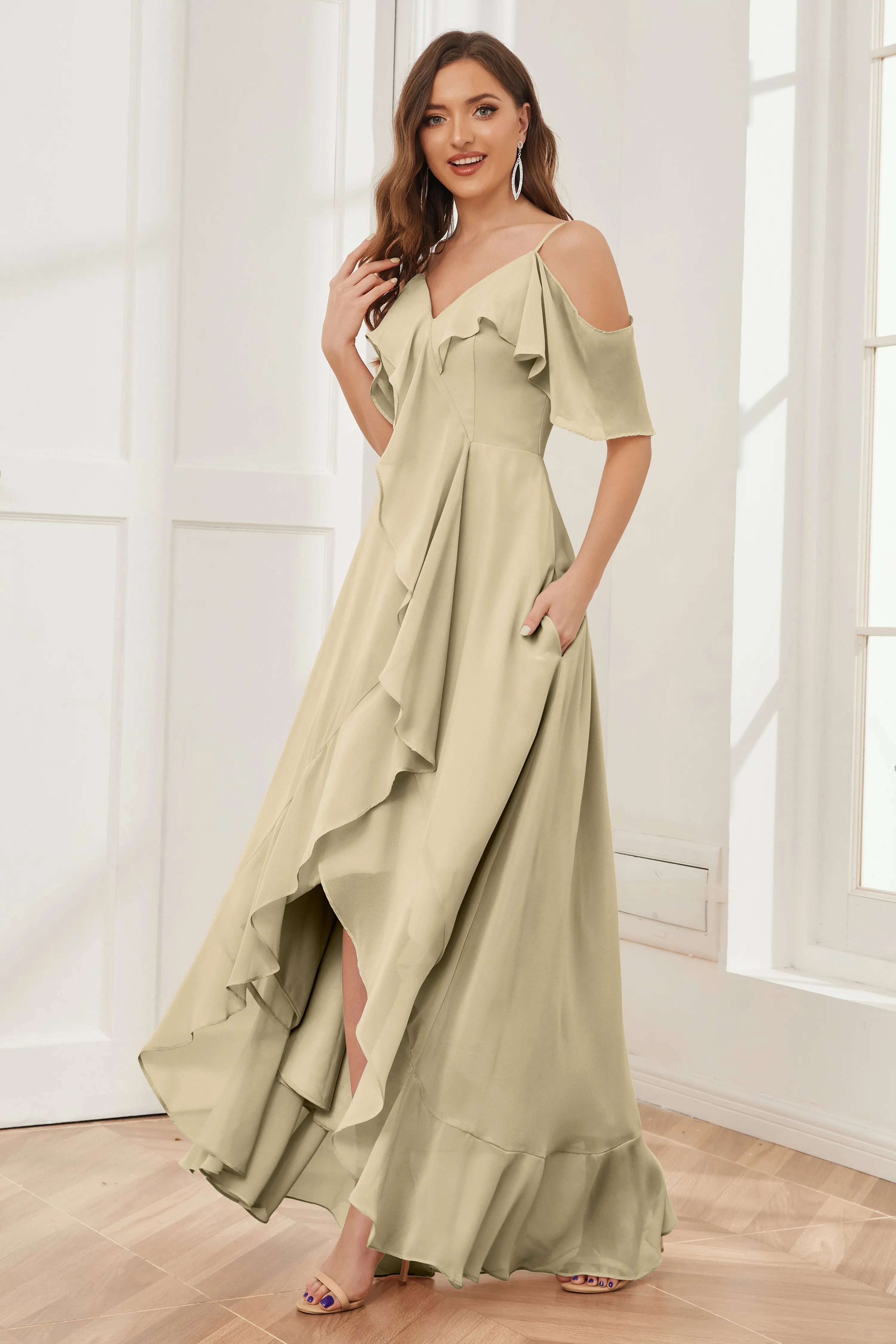 Off the Shoulder Ruffles High Low Bridesmaid Dresses