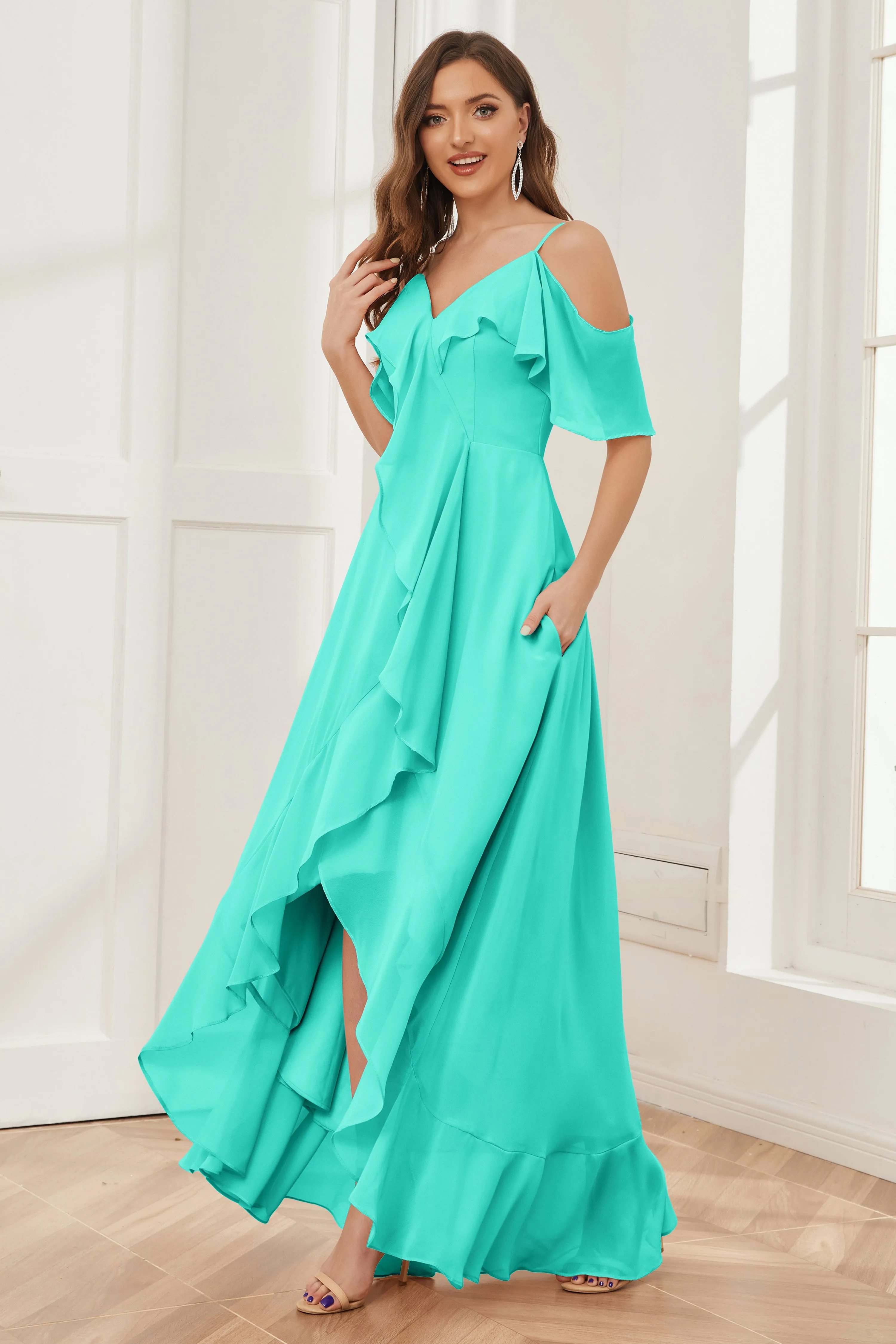 Off the Shoulder Ruffles High Low Bridesmaid Dresses