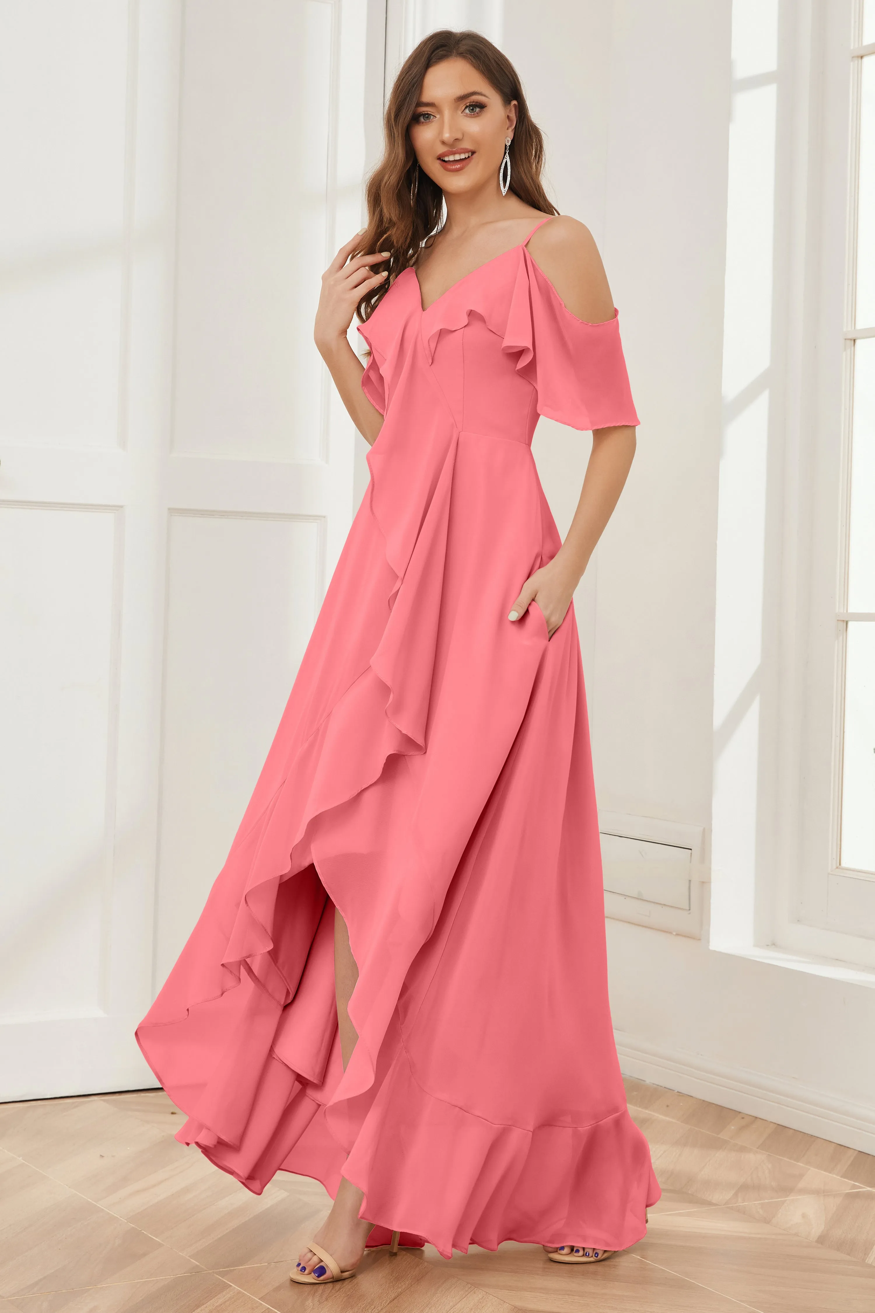 Off the Shoulder Ruffles High Low Bridesmaid Dresses