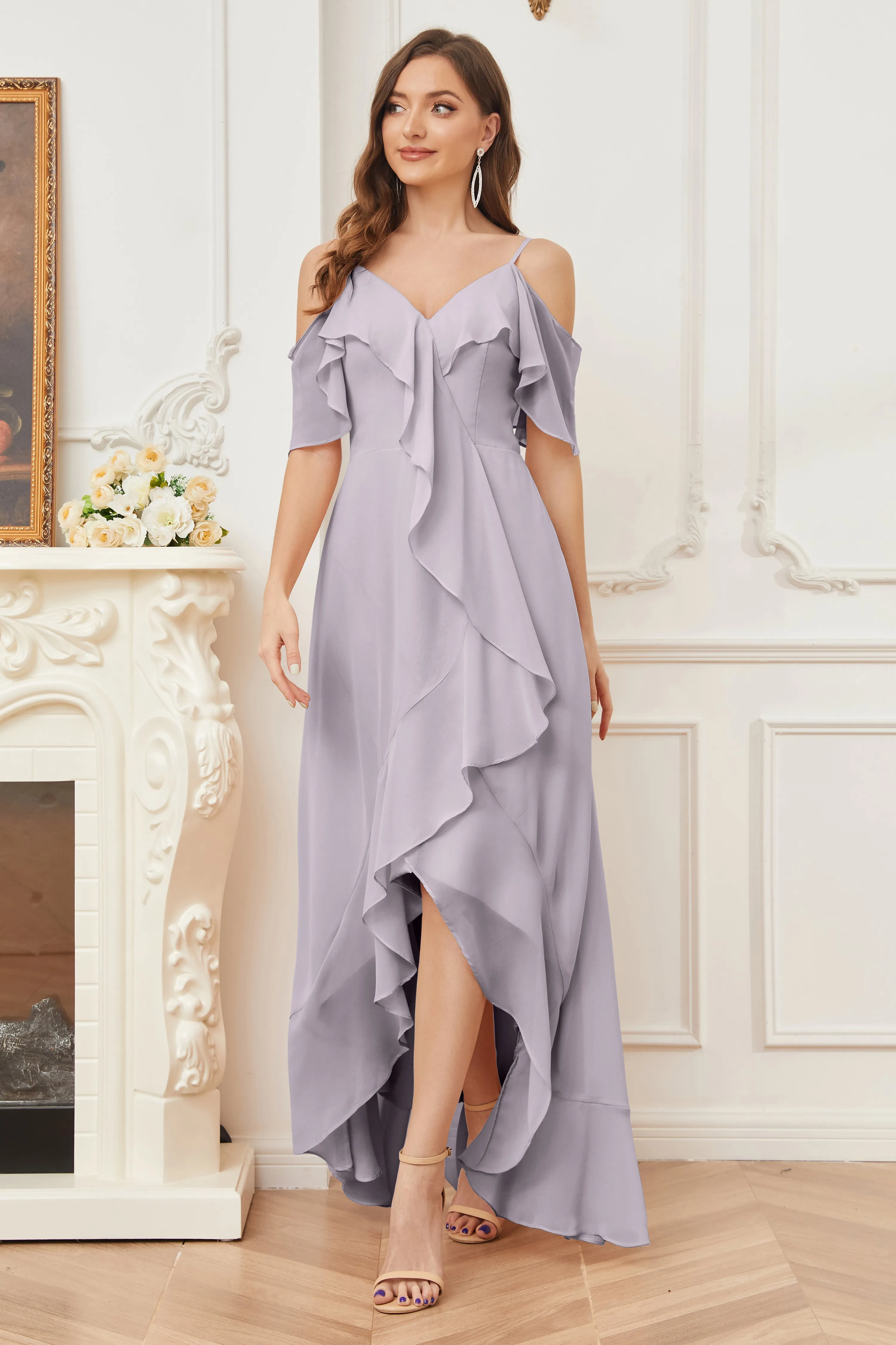 Off the Shoulder Ruffles High Low Bridesmaid Dresses