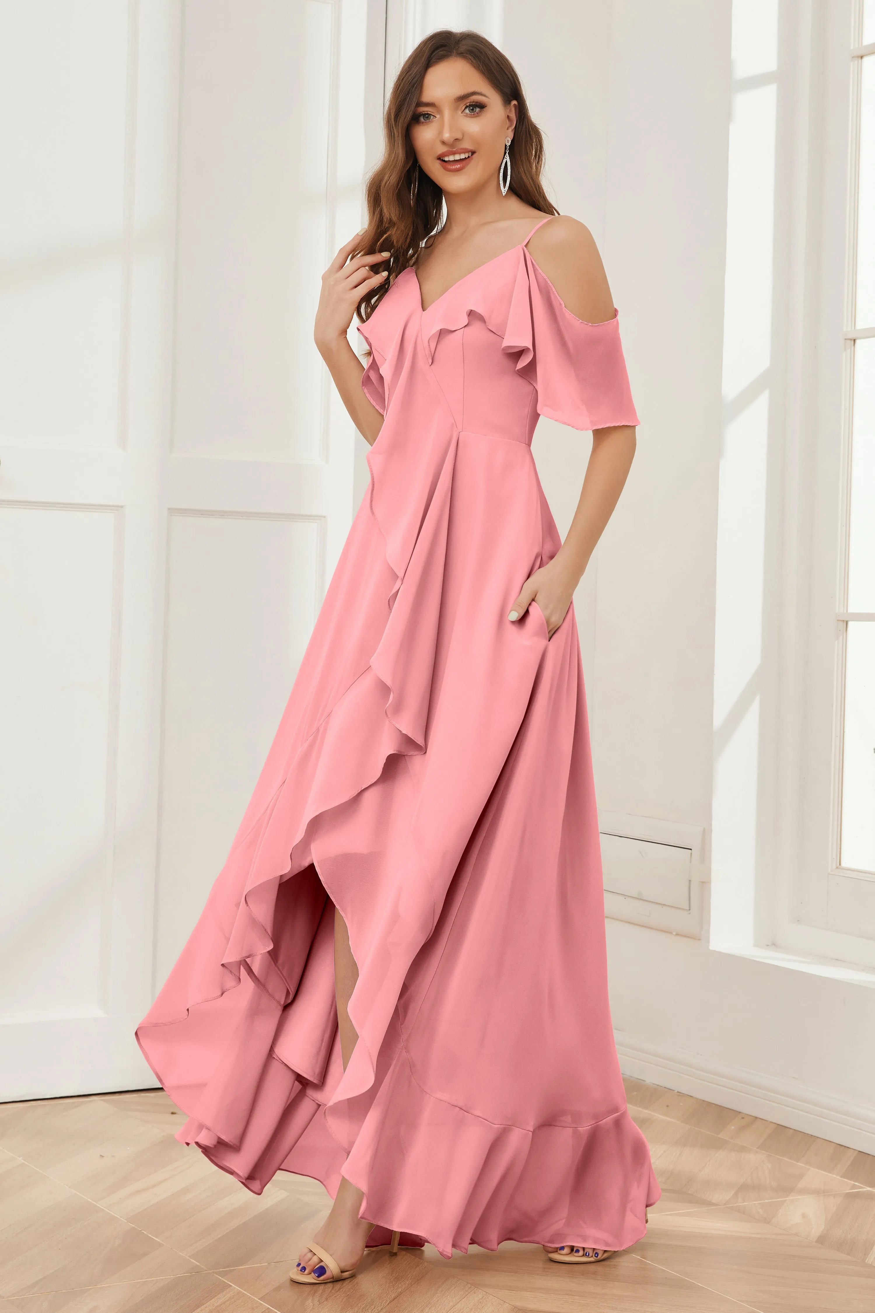 Off the Shoulder Ruffles High Low Bridesmaid Dresses