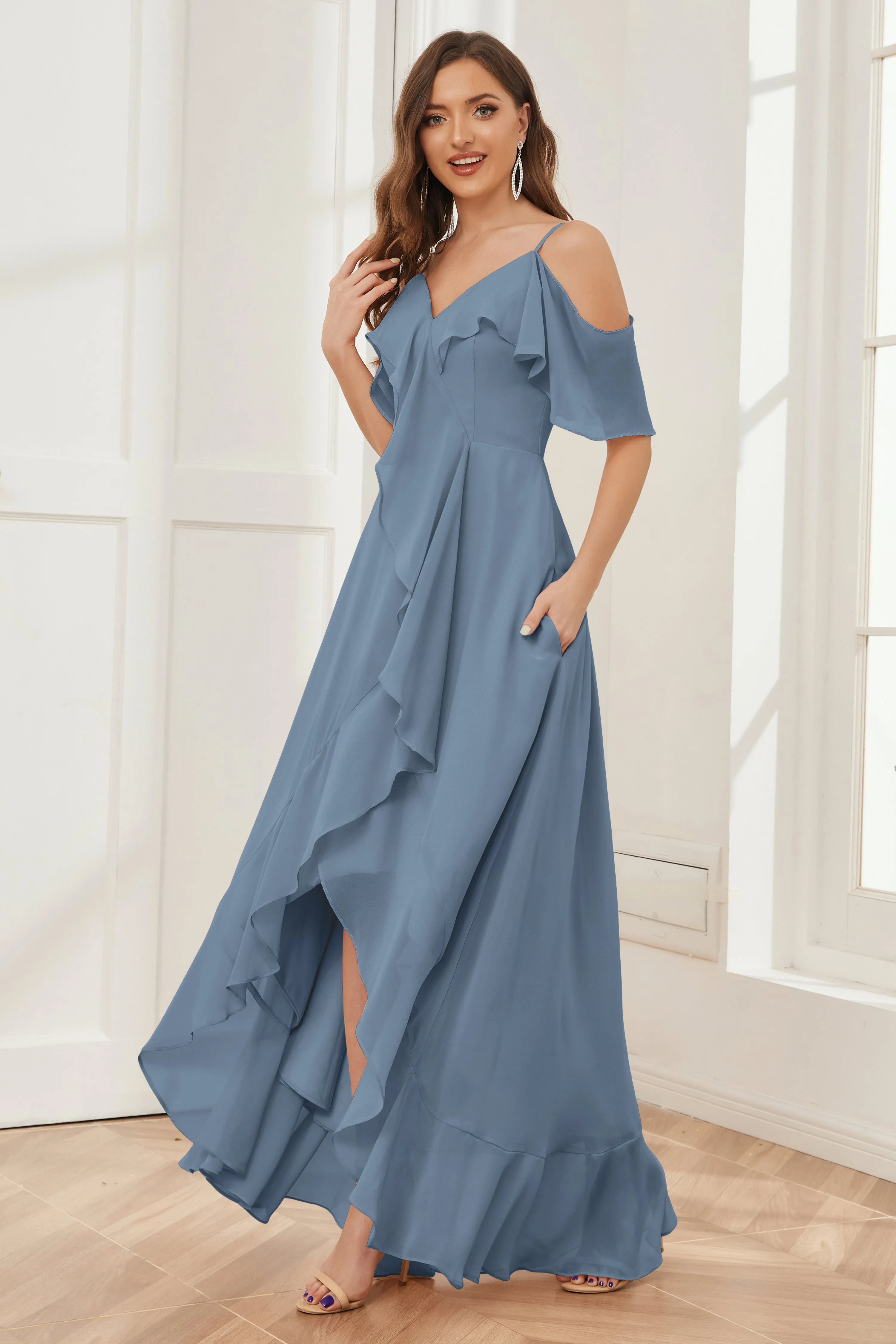 Off the Shoulder Ruffles High Low Bridesmaid Dresses