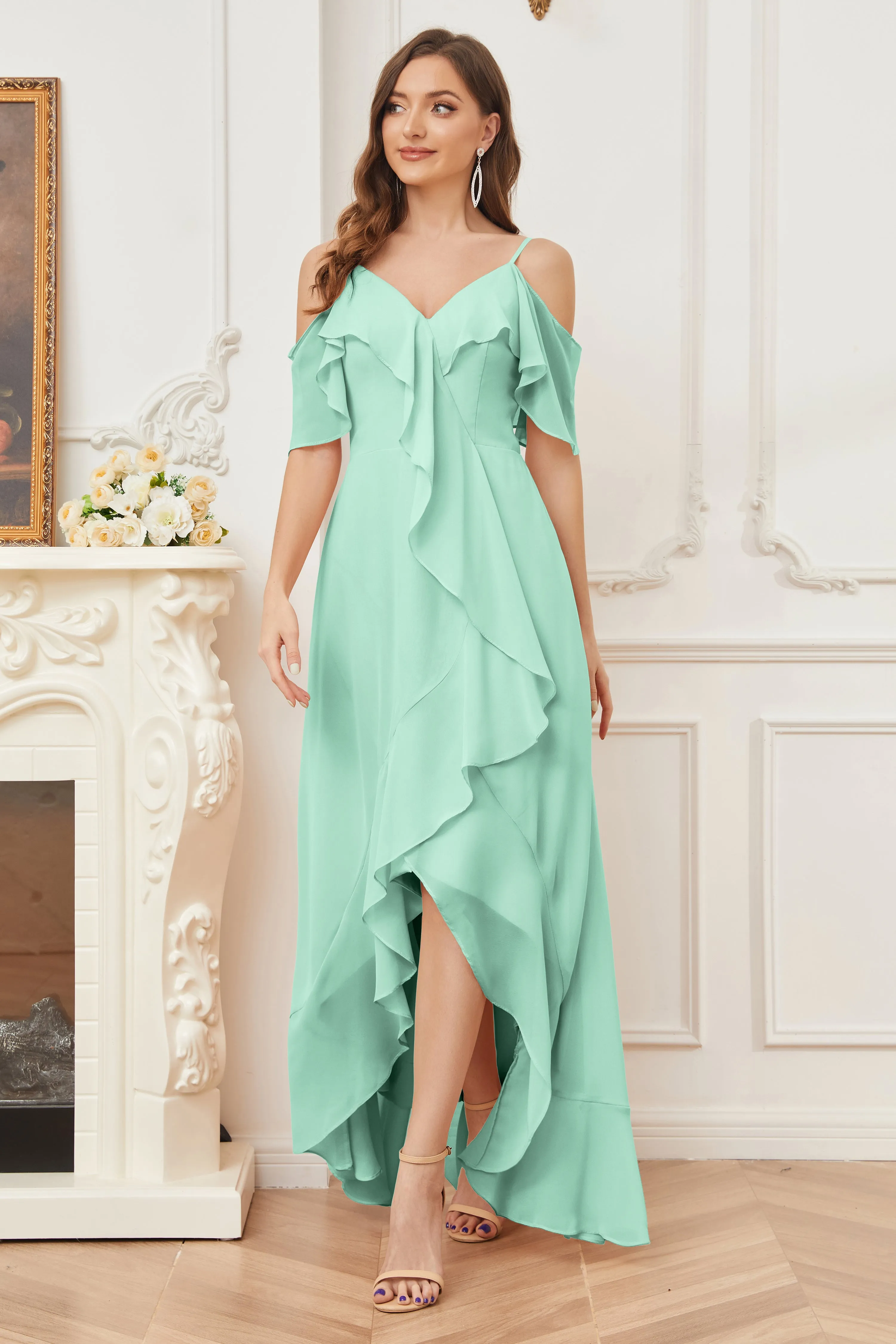 Off the Shoulder Ruffles High Low Bridesmaid Dresses