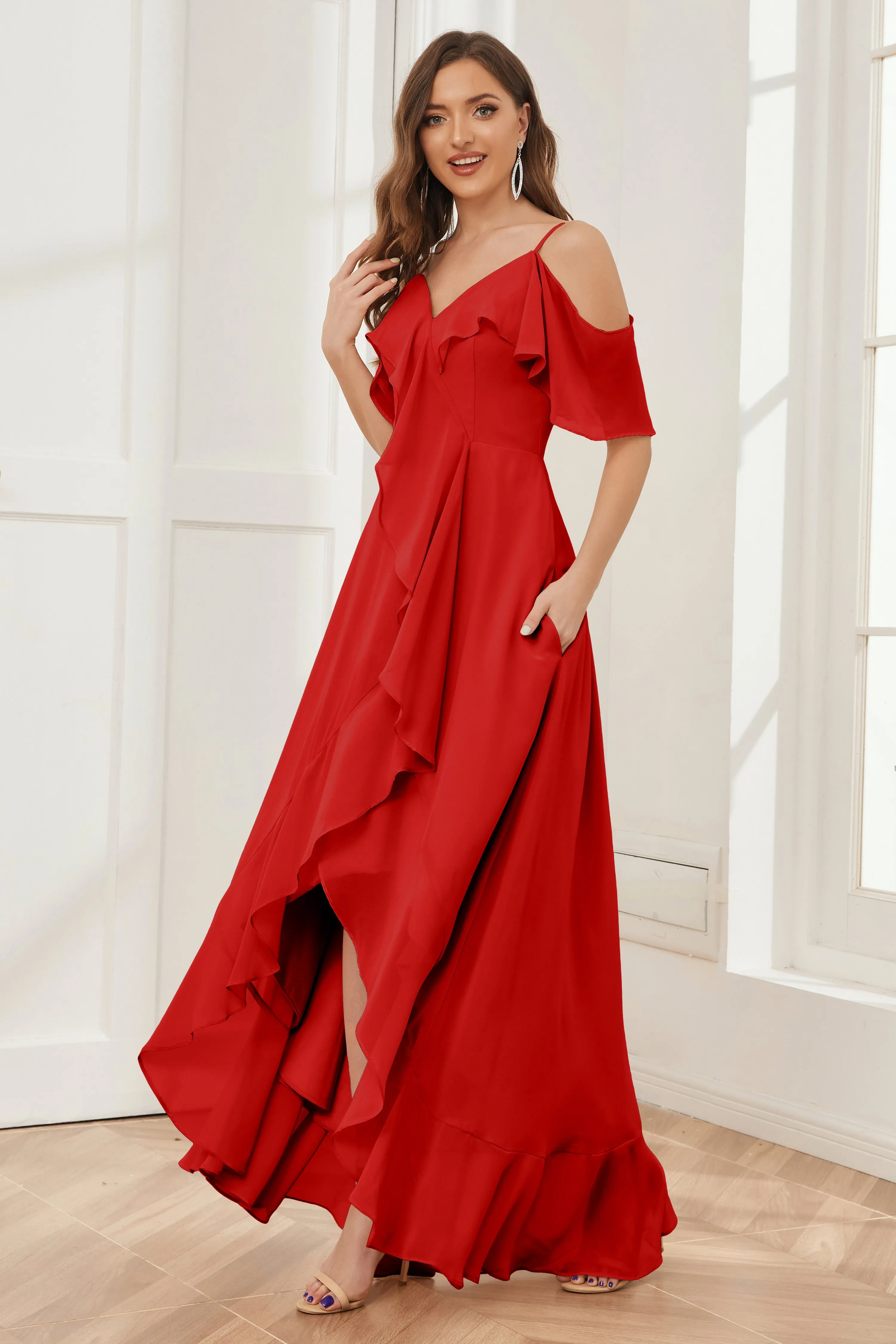 Off the Shoulder Ruffles High Low Bridesmaid Dresses