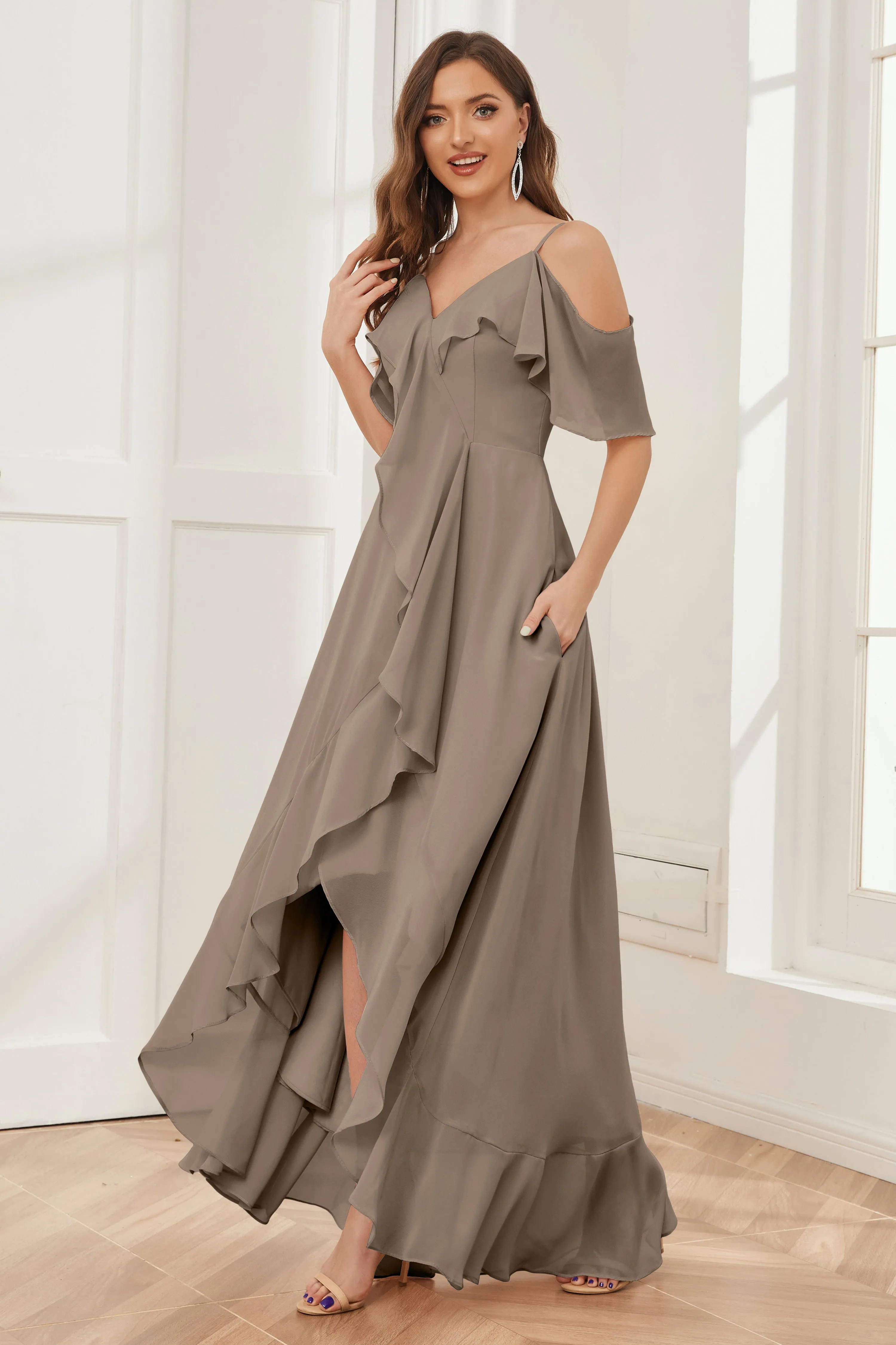 Off the Shoulder Ruffles High Low Bridesmaid Dresses