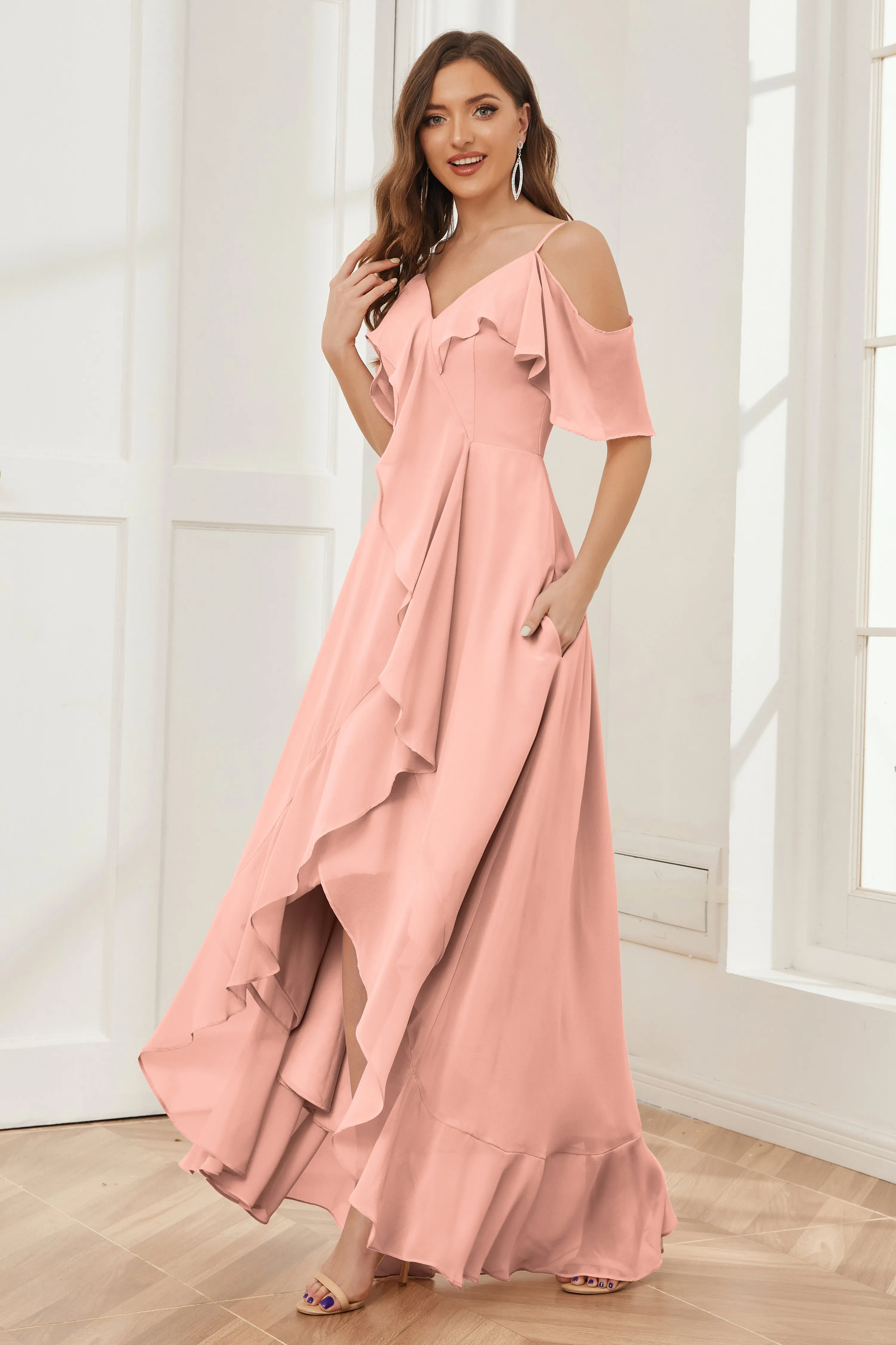 Off the Shoulder Ruffles High Low Bridesmaid Dresses