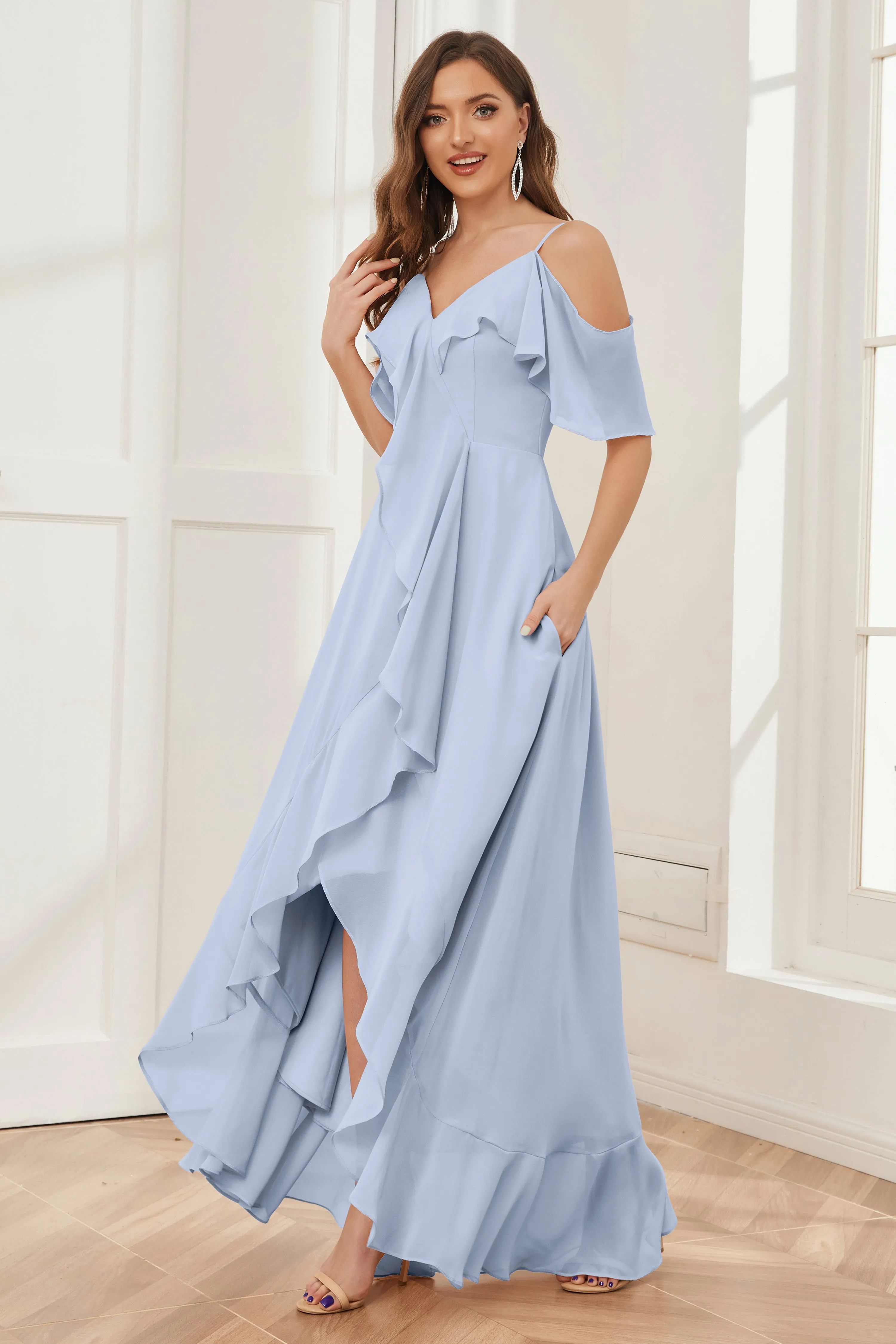 Off the Shoulder Ruffles High Low Bridesmaid Dresses