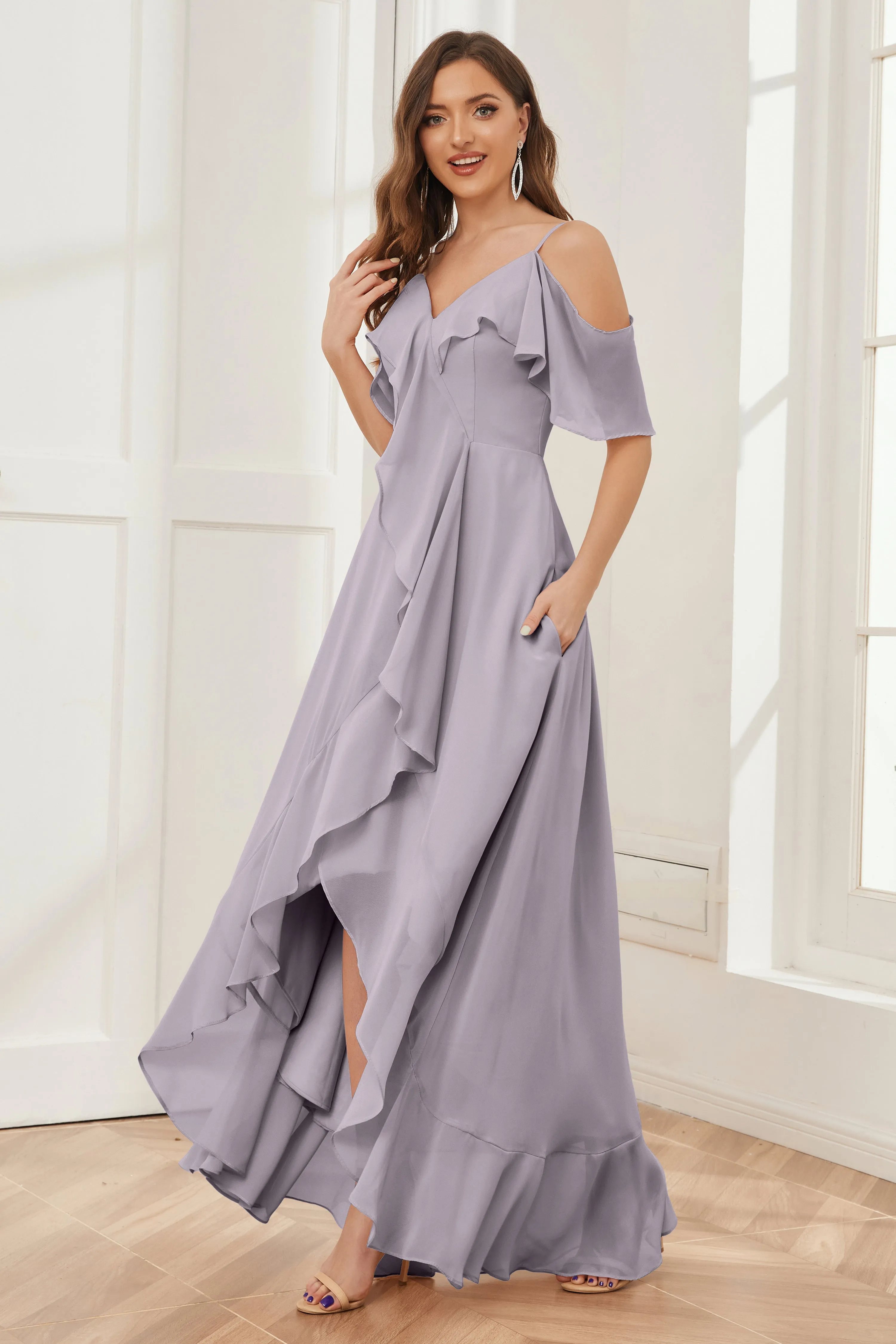 Off the Shoulder Ruffles High Low Bridesmaid Dresses