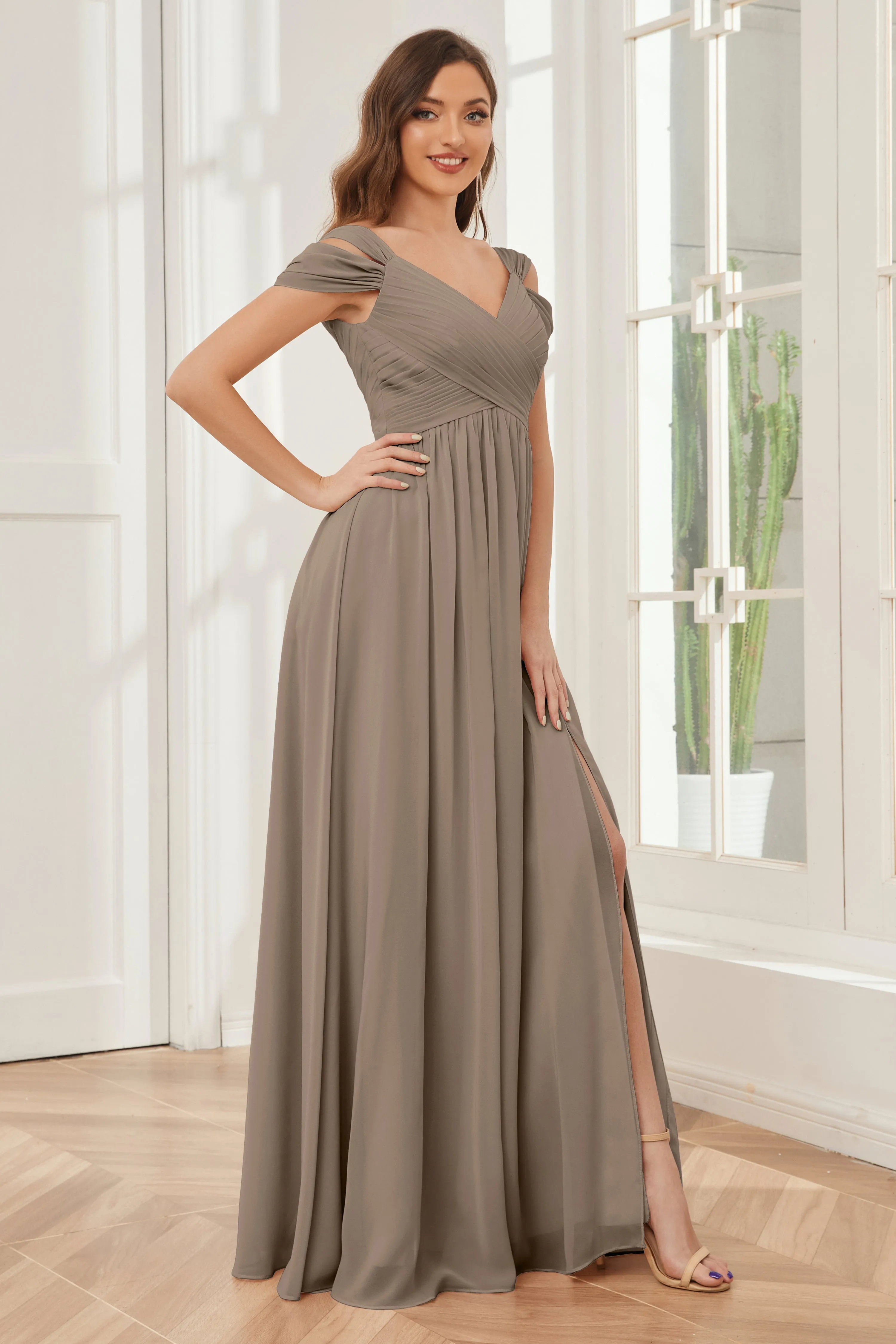 Off-the-Shoulder Side Slit Empire Bridesmaid Dresses