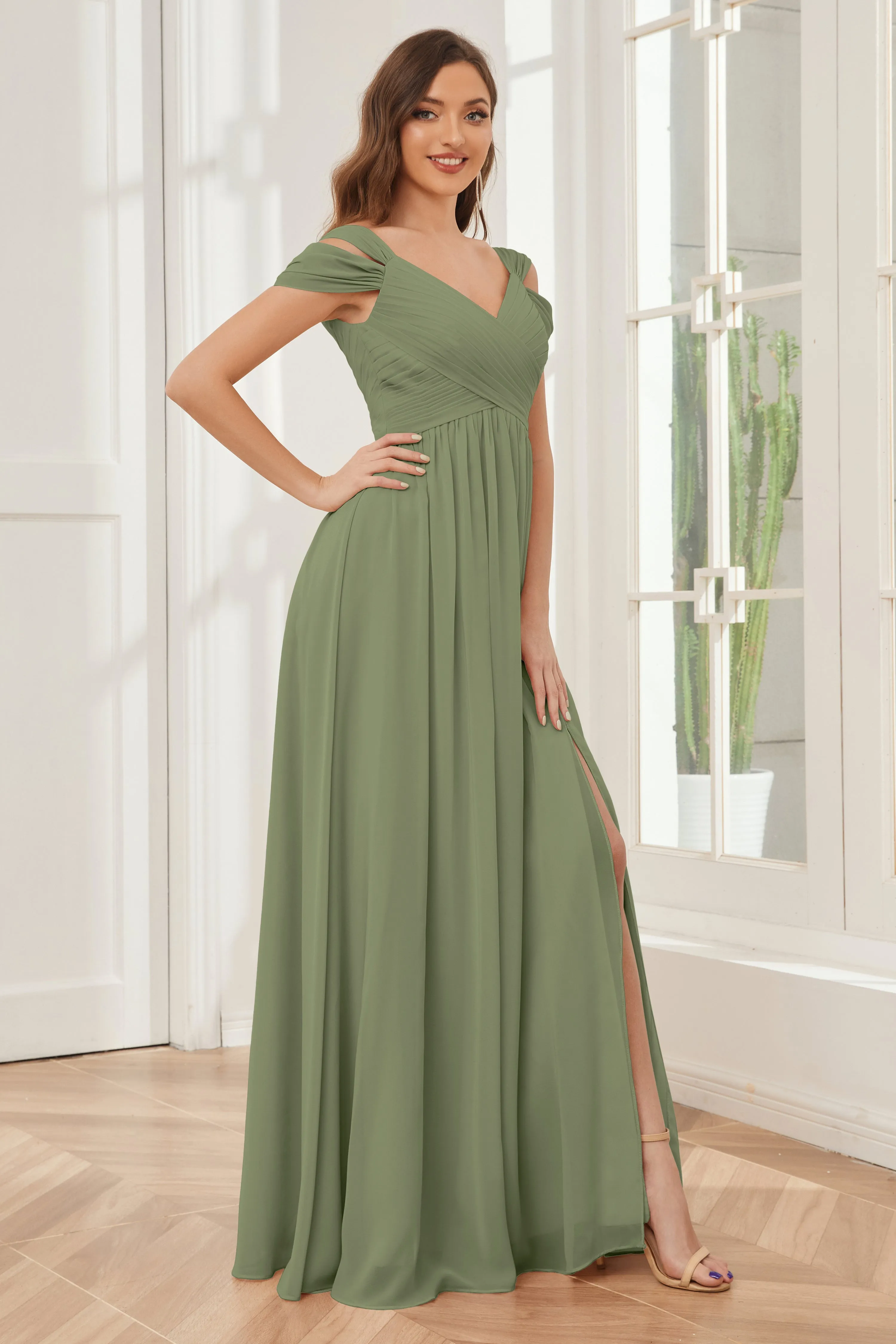 Off-the-Shoulder Side Slit Empire Bridesmaid Dresses