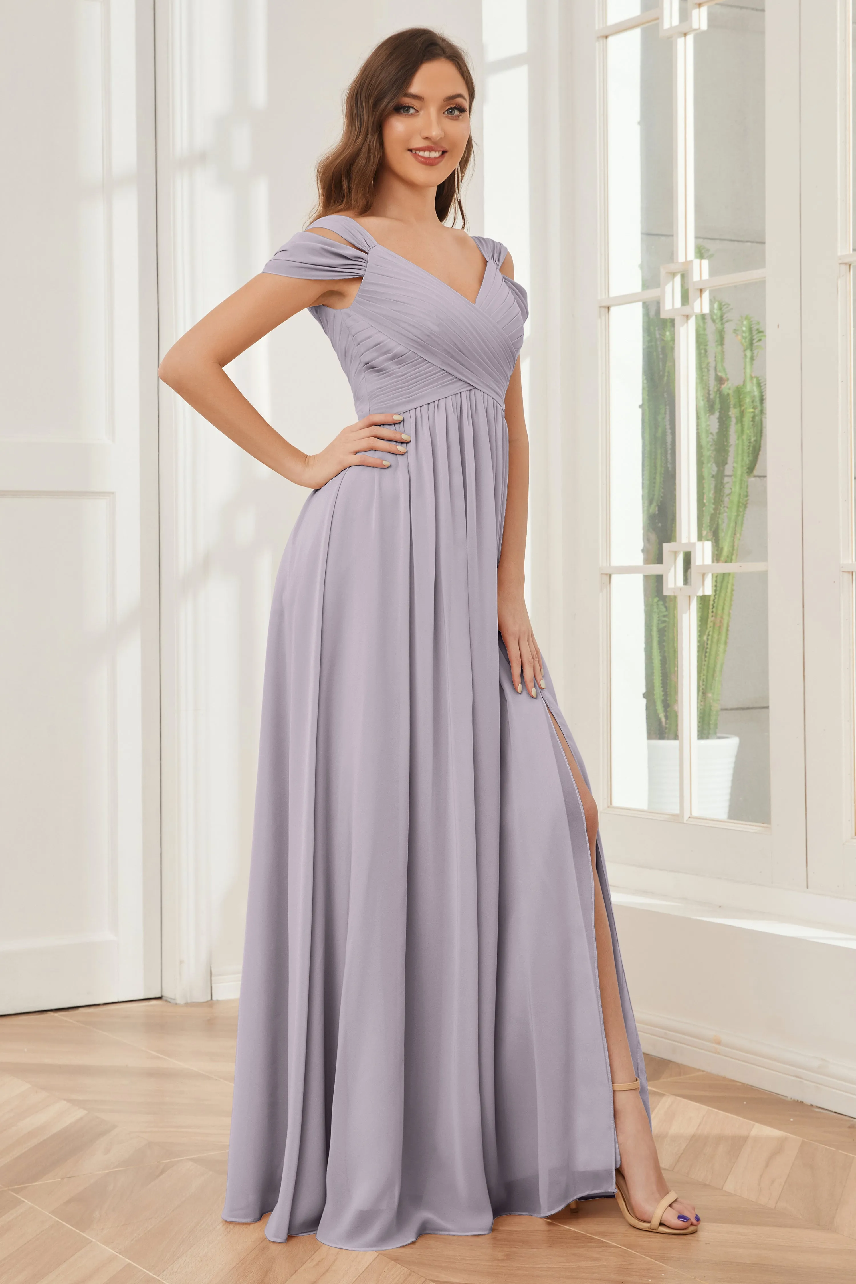 Off-the-Shoulder Side Slit Empire Bridesmaid Dresses