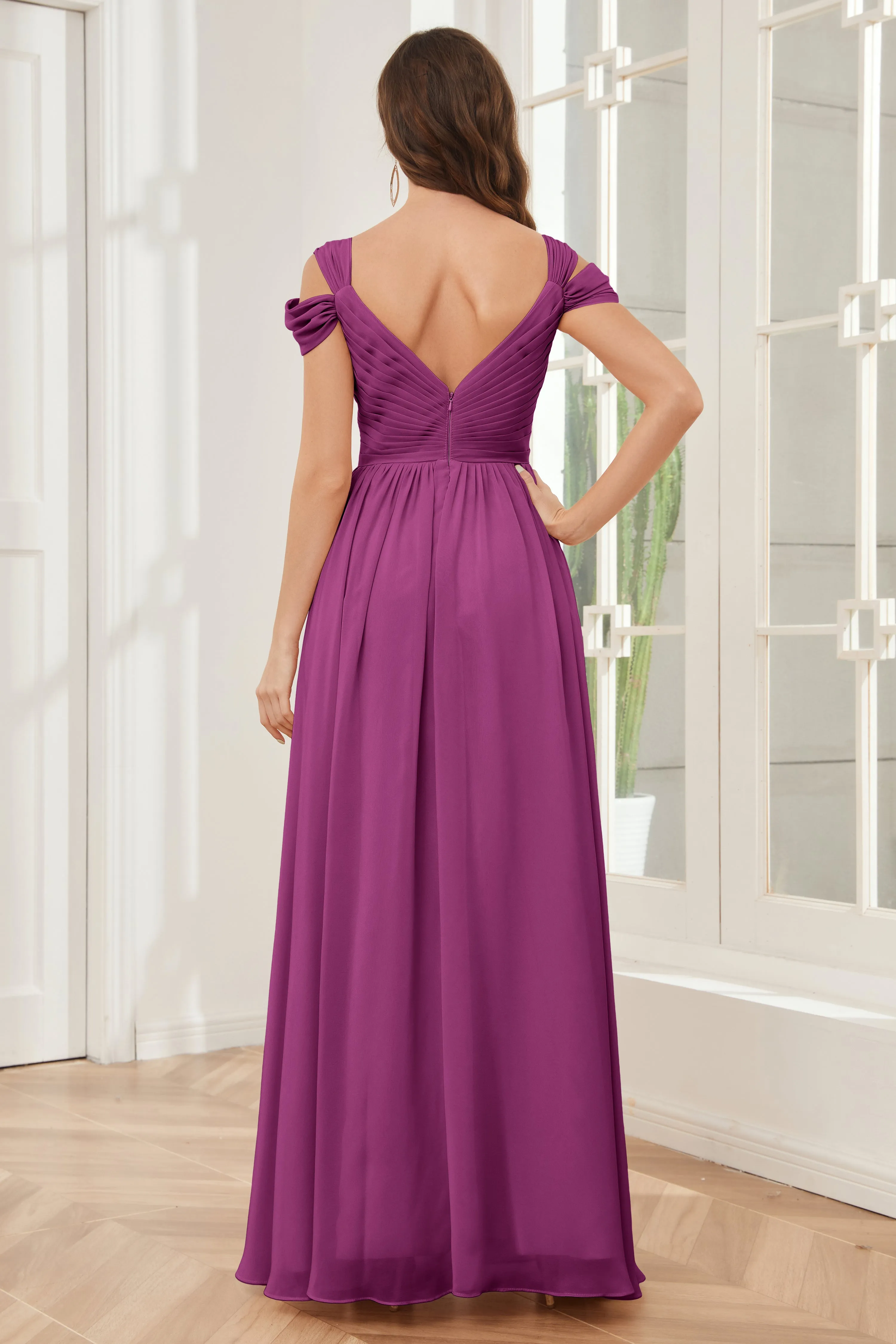 Off-the-Shoulder Side Slit Empire Bridesmaid Dresses