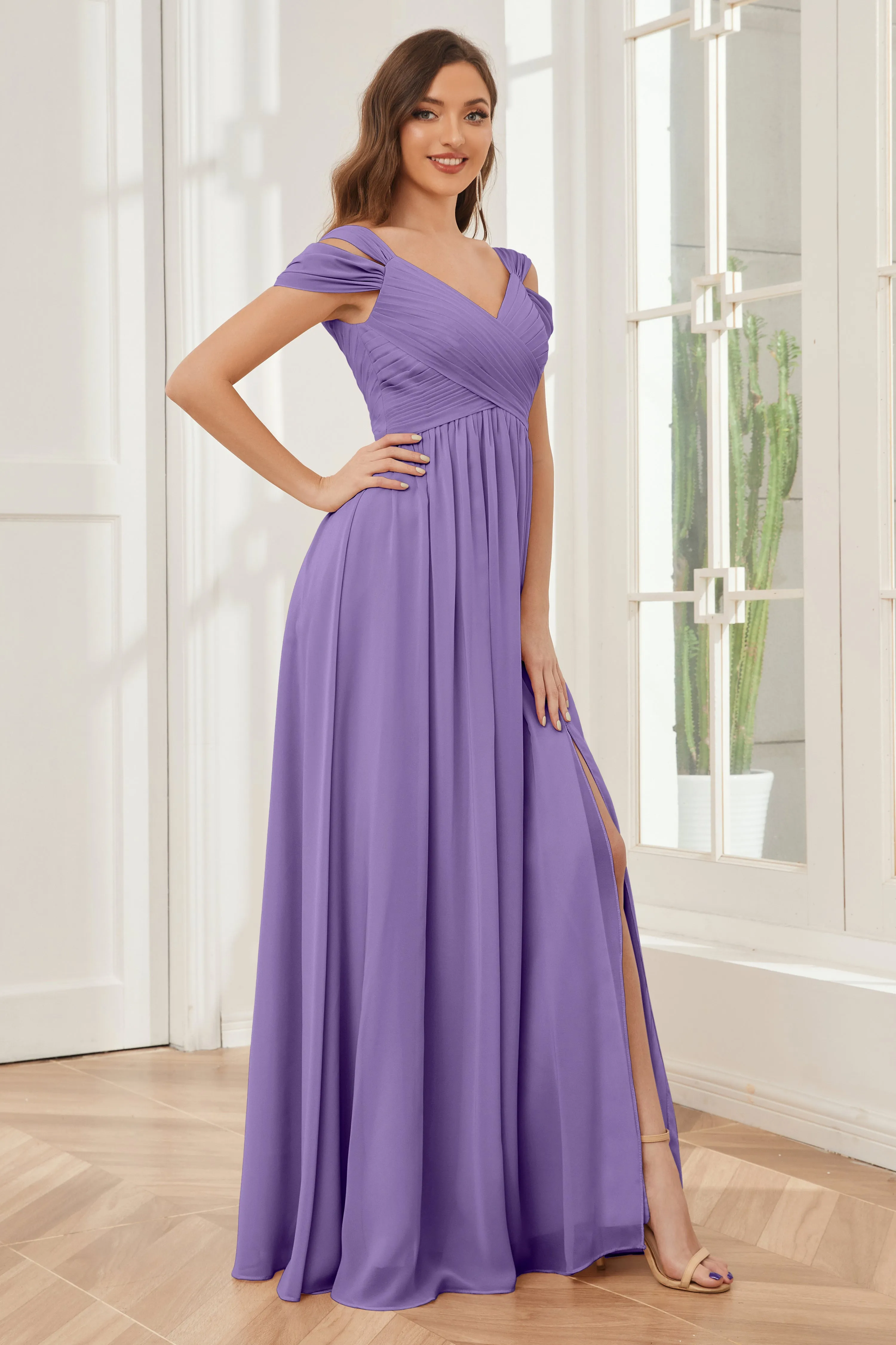 Off-the-Shoulder Side Slit Empire Bridesmaid Dresses